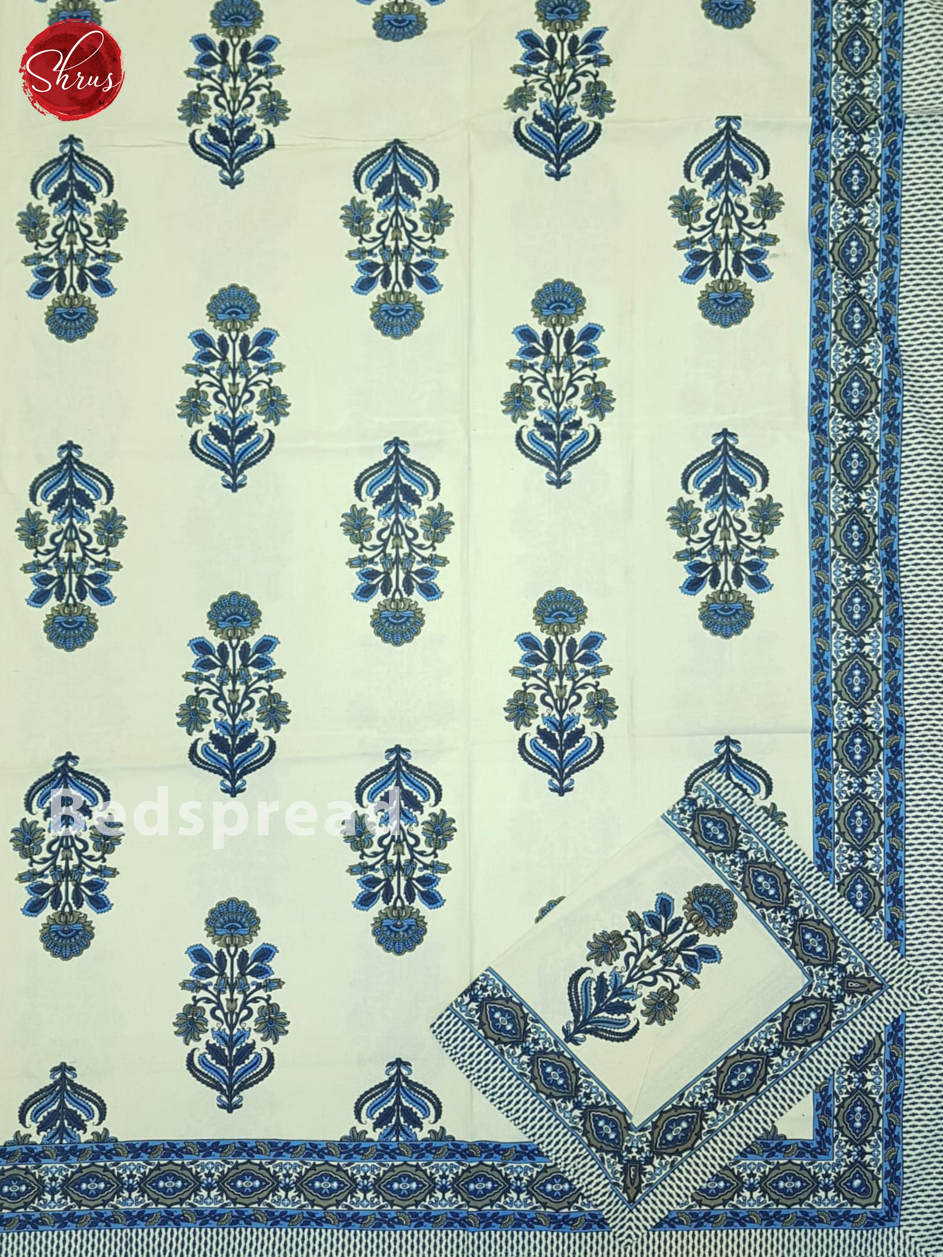 Cream And Blue- Jaipuri Block printed Bed Spread - Shop on ShrusEternity.com