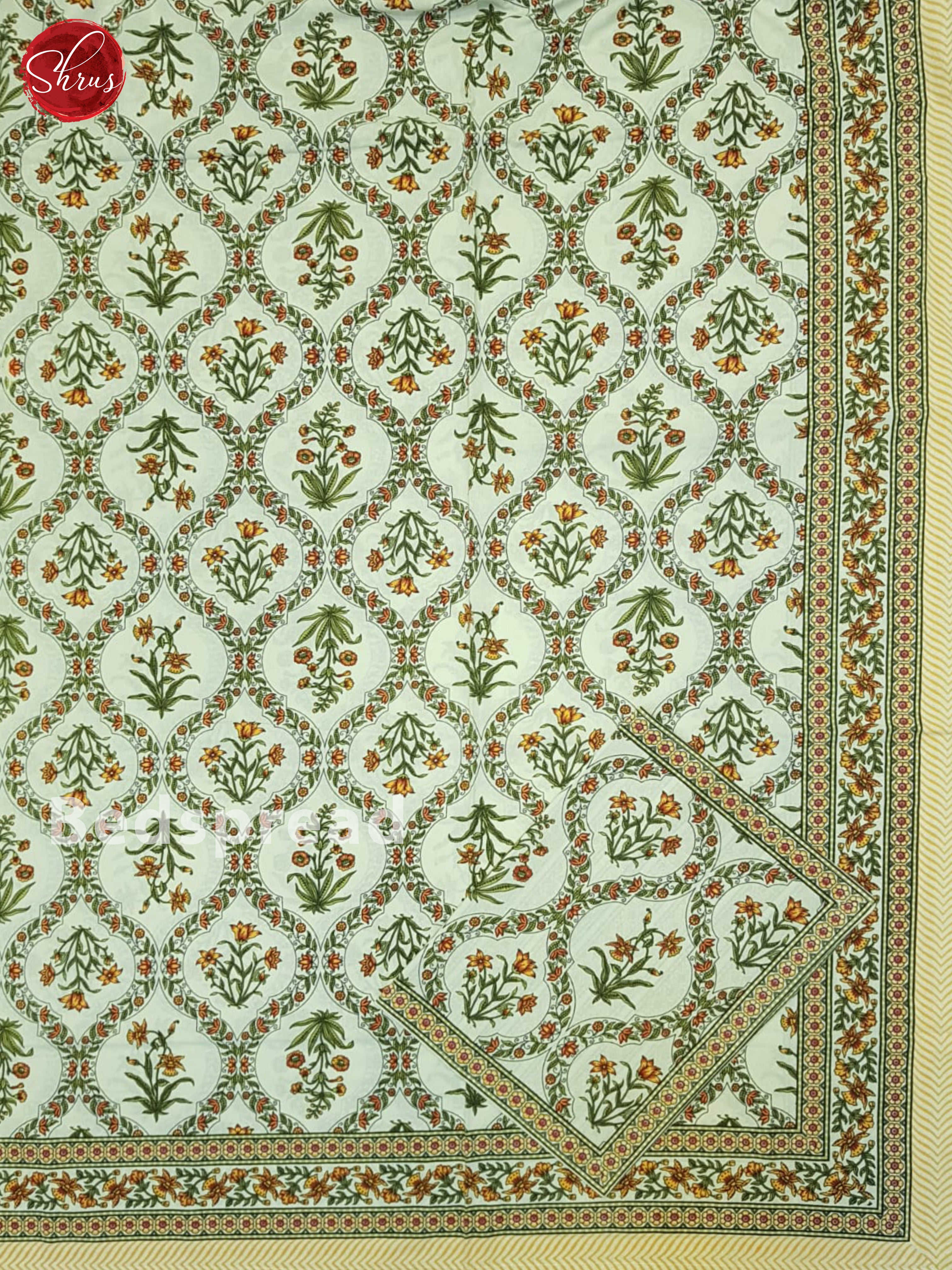 Cream And Green- Jaipur Block Printed Cotton Double Bed Spread - Shop on ShrusEternity.com