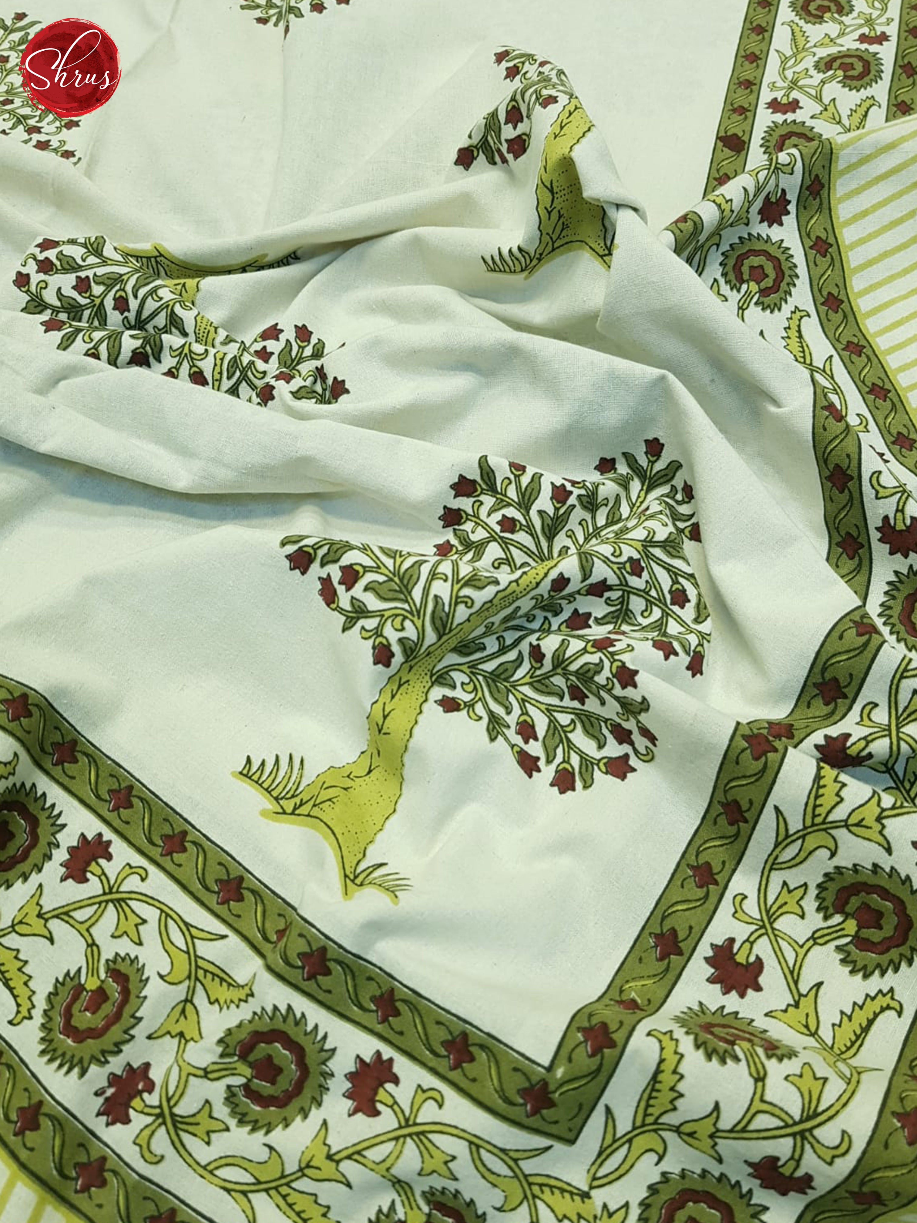 Cream And Green- Jaipuri block Printed double bedsheet - Shop on ShrusEternity.com