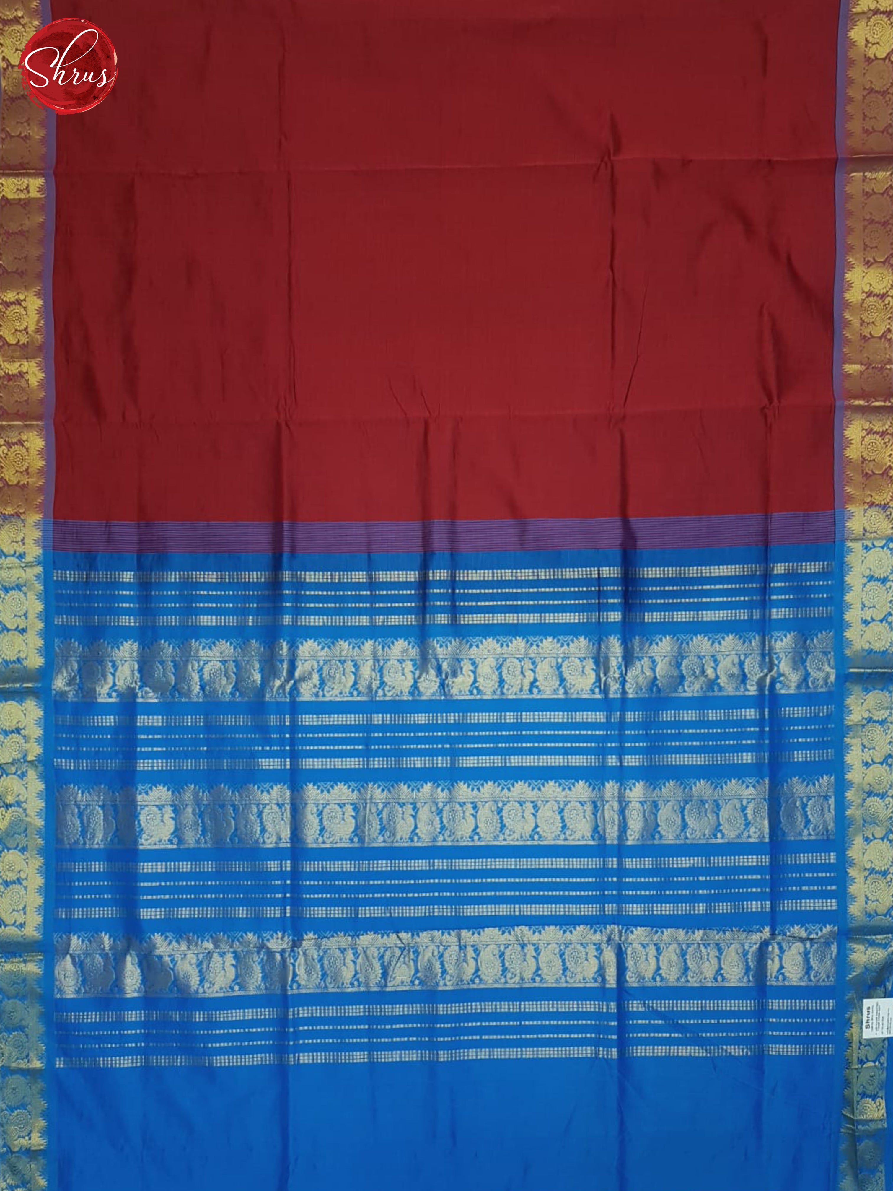 Red And Blue- Silk Cotton half-pure Saree - Shop on ShrusEternity.com