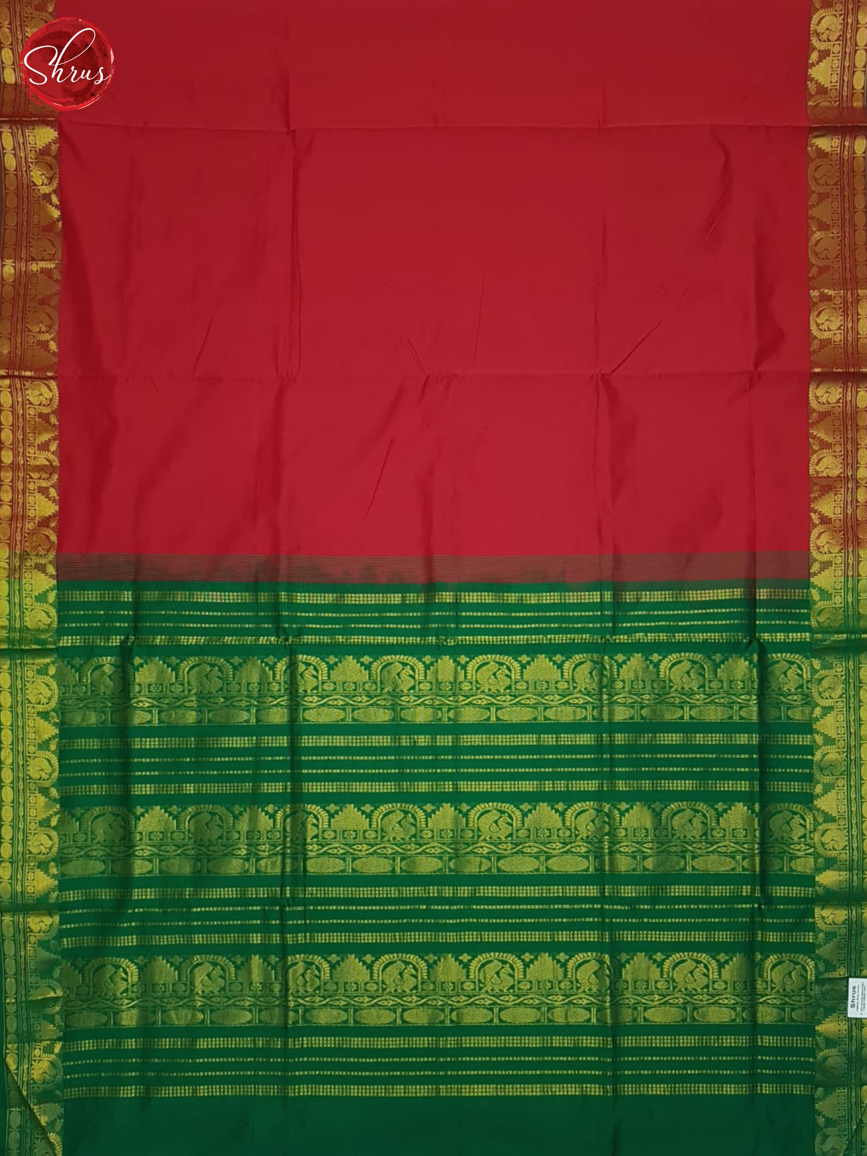 Red And Green- Silk Cotton half- pure saree - Shop on ShrusEternity.com