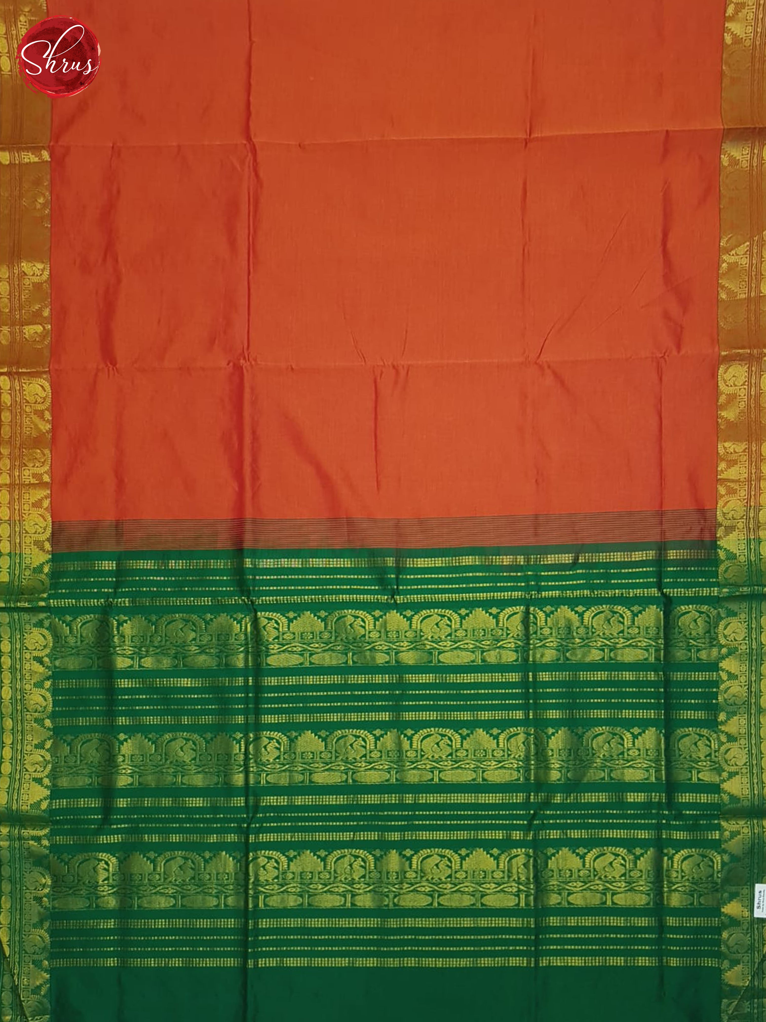 Orange And Green- Silk Cotton half-pure Saree - Shop on ShrusEternity.com