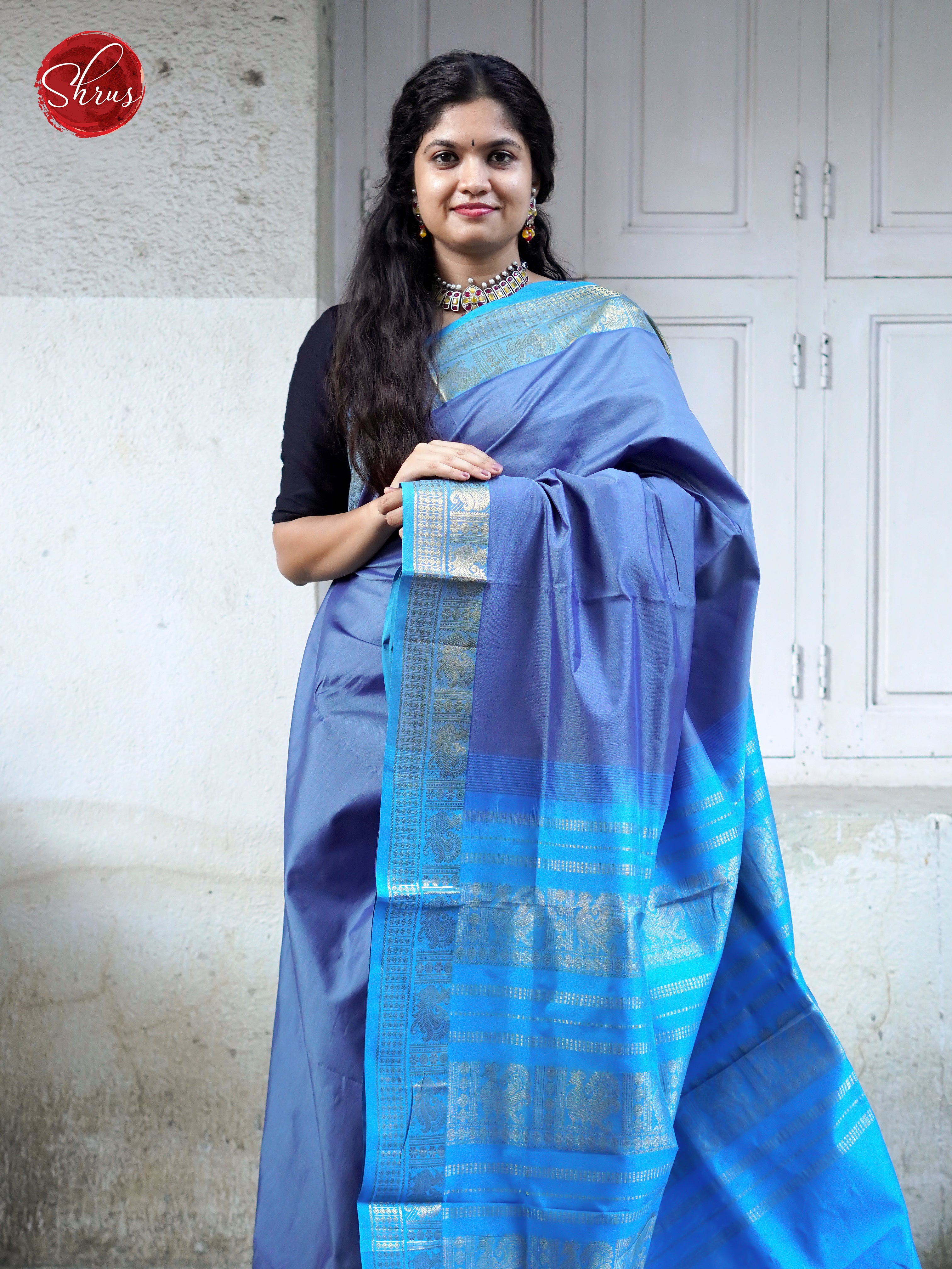 Light Blue & Blue - Silk cotton-half pure Saree - Shop on ShrusEternity.com