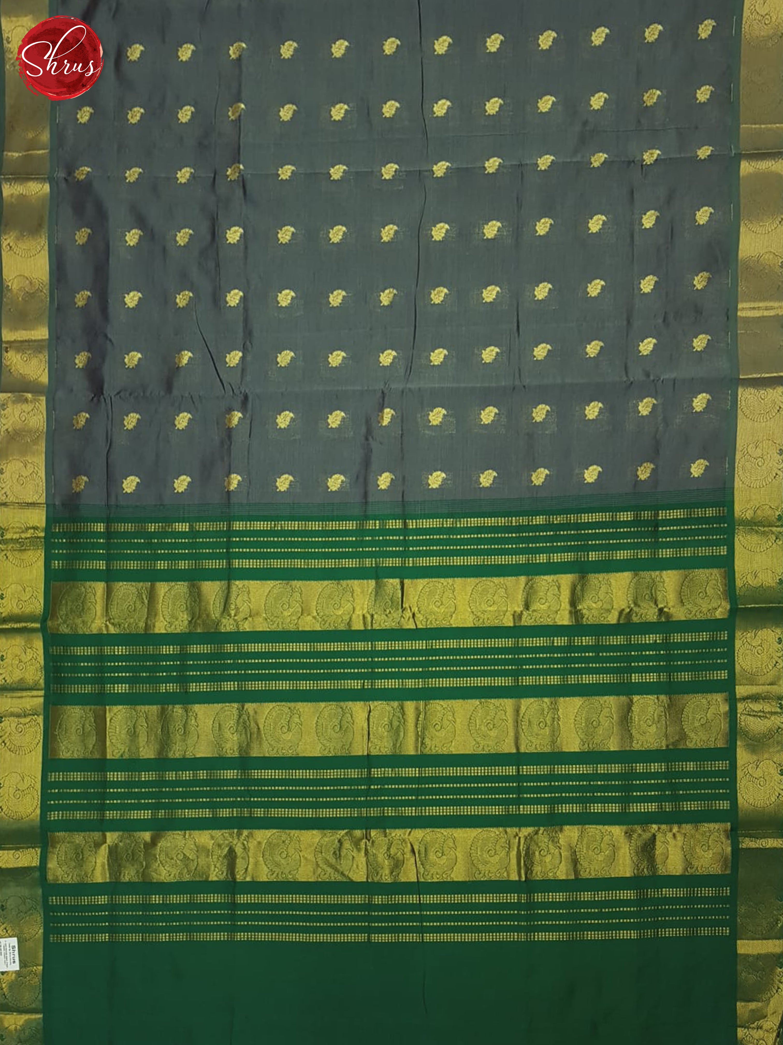 Grey And Green- Silk Cotton Half-pure Saree - Shop on ShrusEternity.com