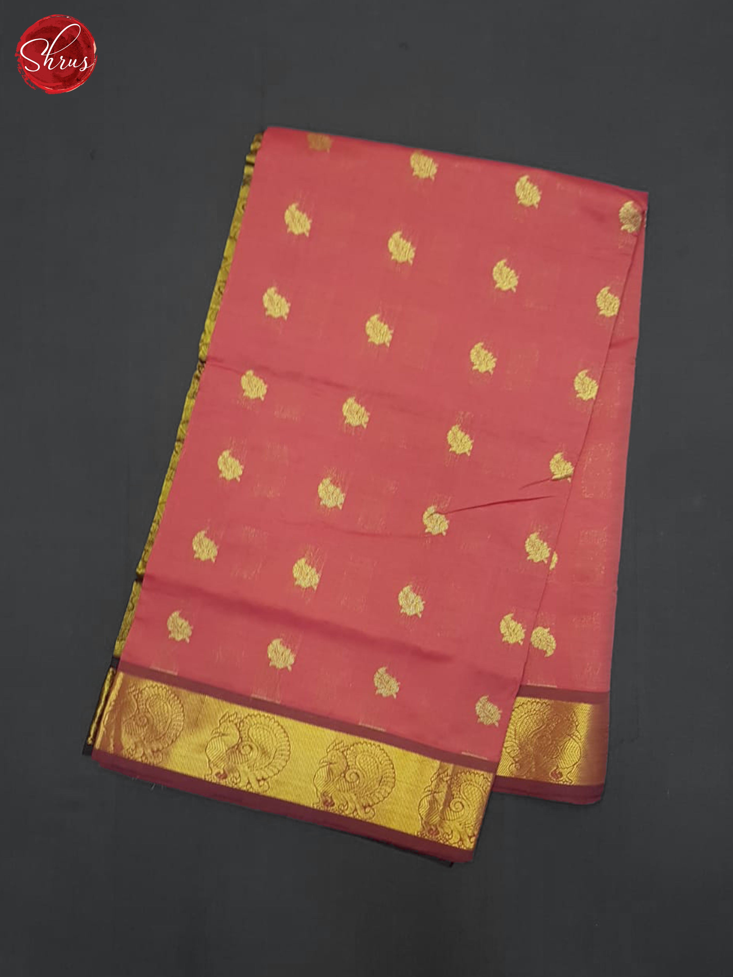 Orangeish Pink And Brown- Silk Cotton half-pure Saree - Shop on ShrusEternity.com