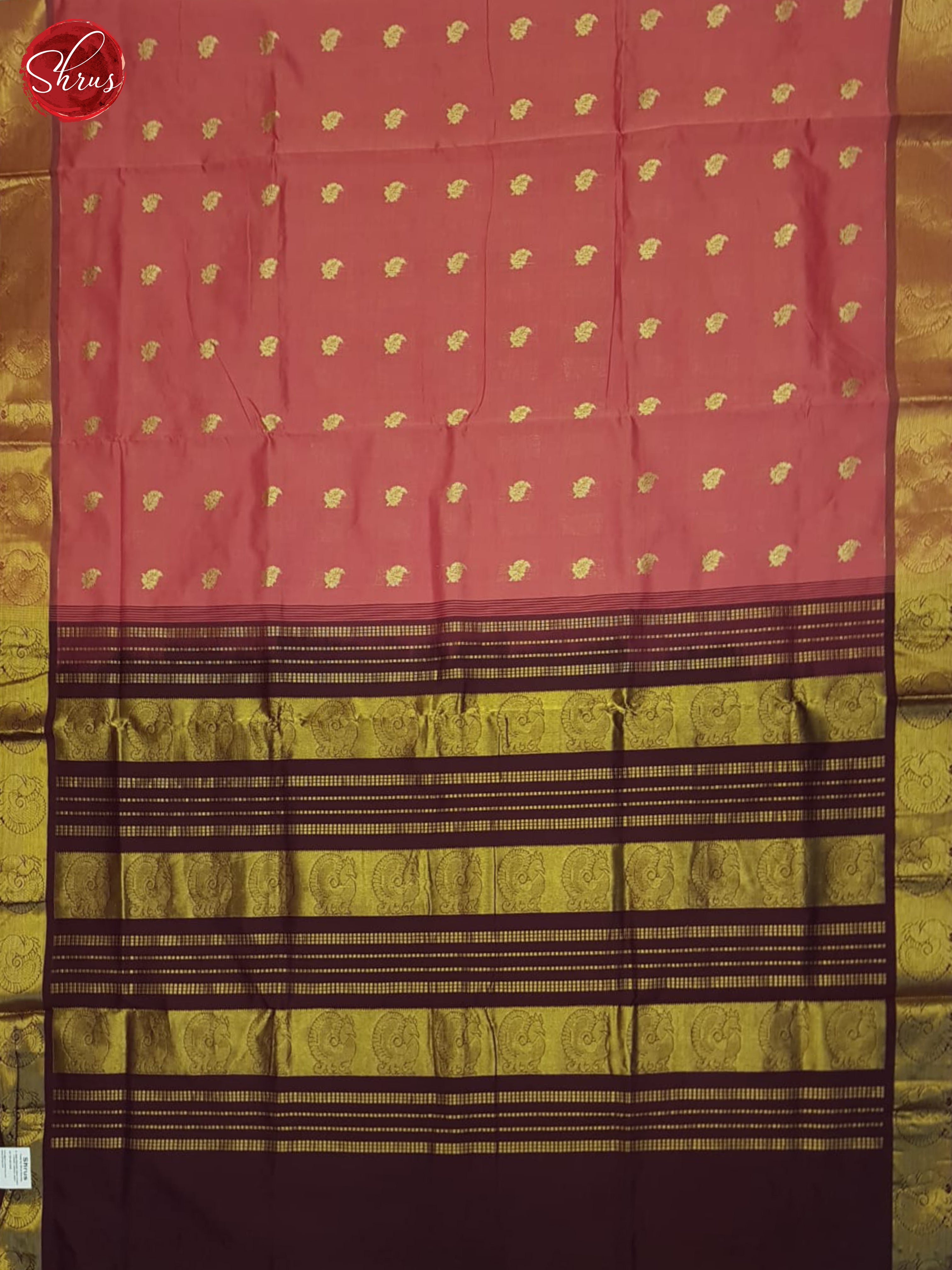 Orangeish Pink And Brown- Silk Cotton half-pure Saree - Shop on ShrusEternity.com