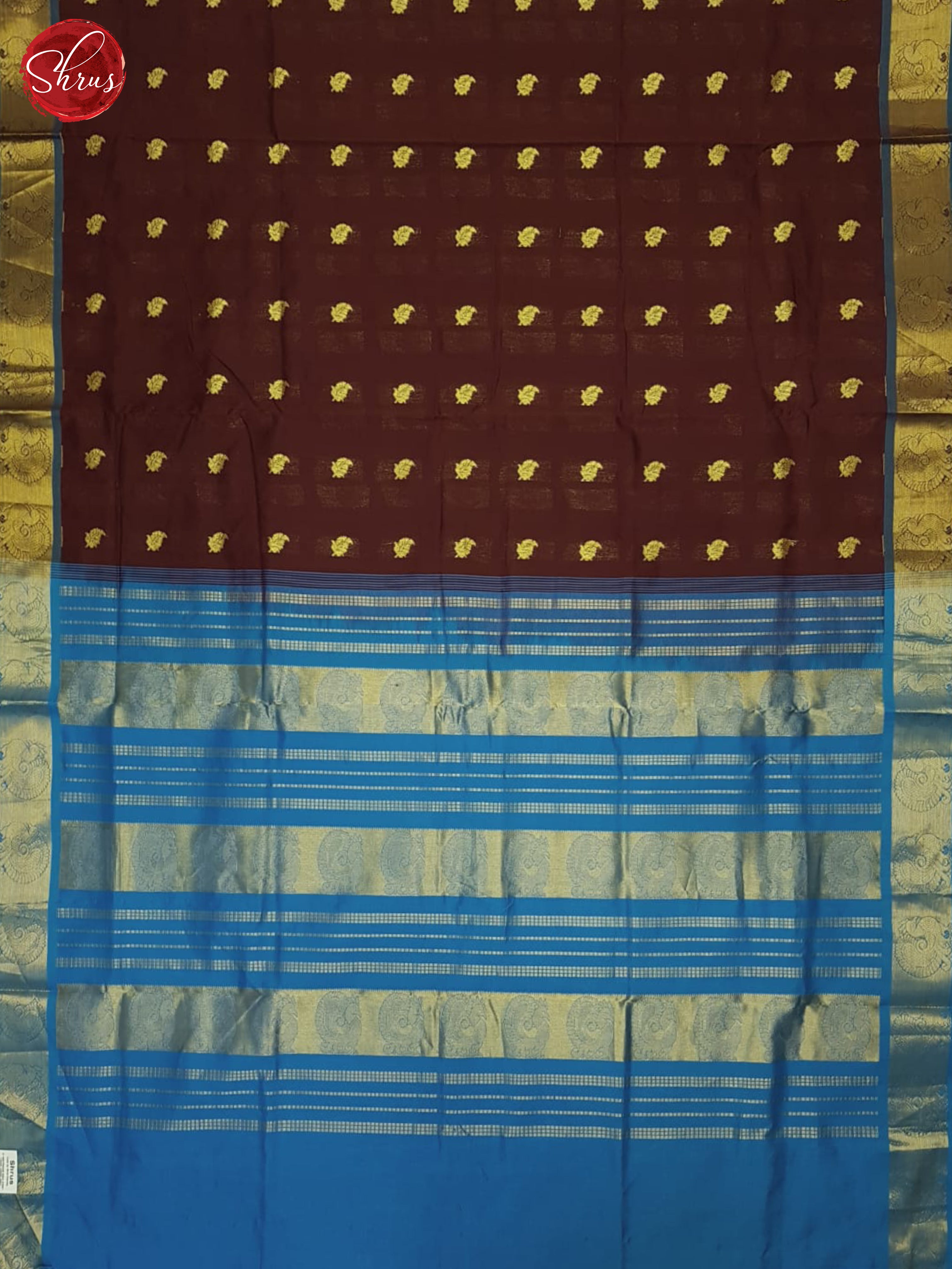 Brown And Blue- Silk Cotton Half-pure Saree - Shop on ShrusEternity.com