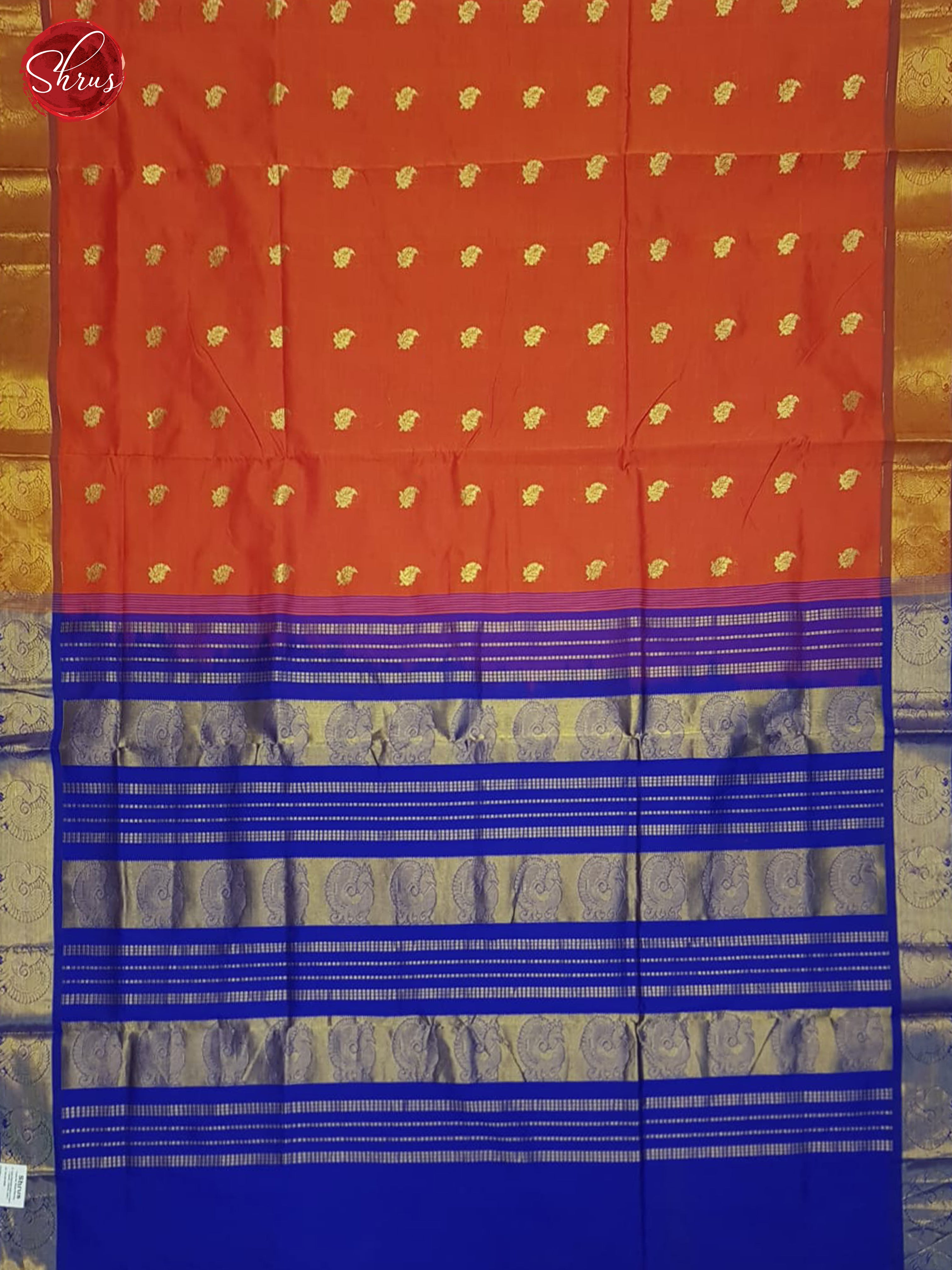 Orange And Blue- Silk Cotton Half-pure Silk Saree - Shop on ShrusEternity.com
