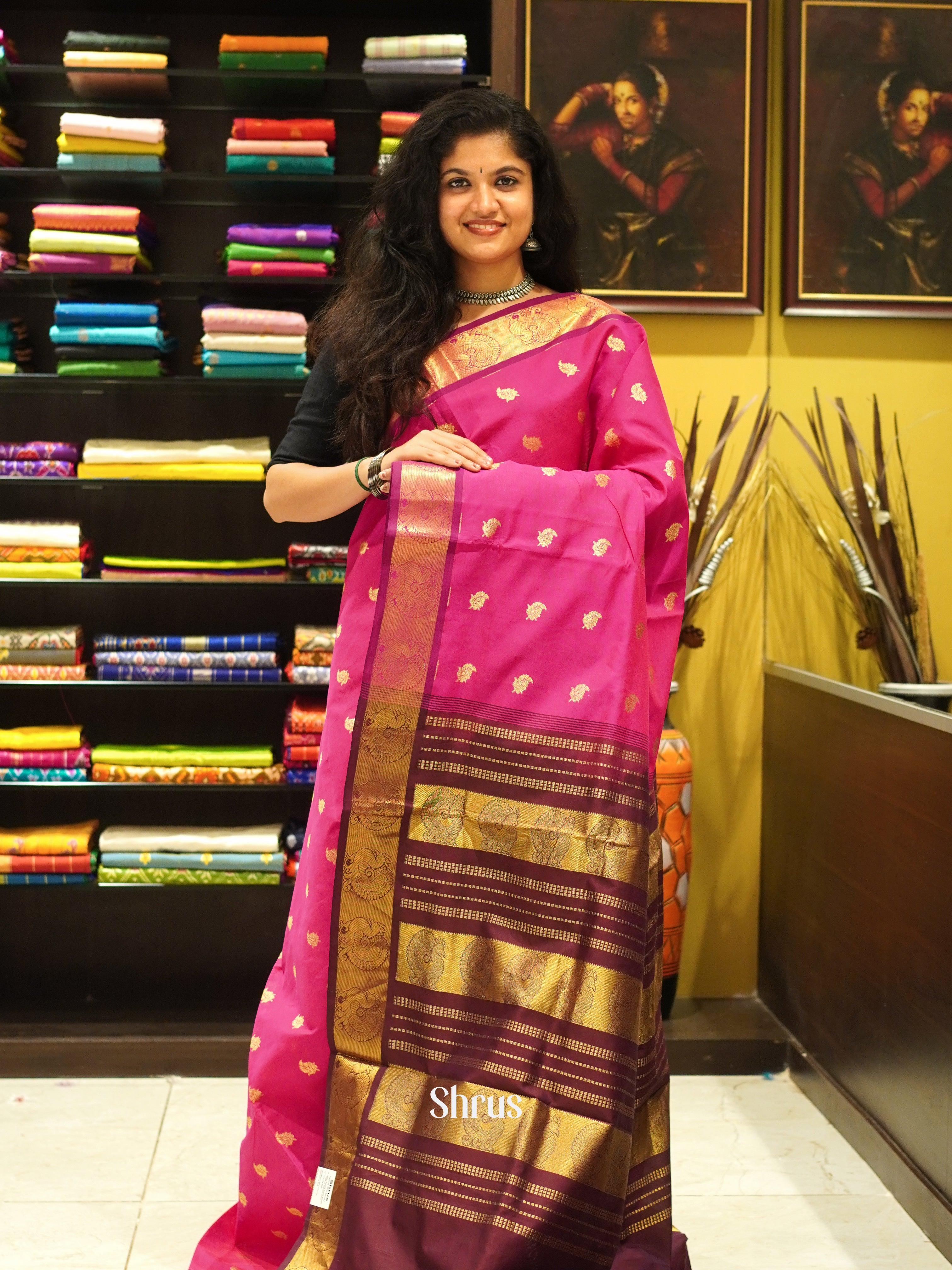 Pink And Deep Wine- Silk Cotton half-pure saree