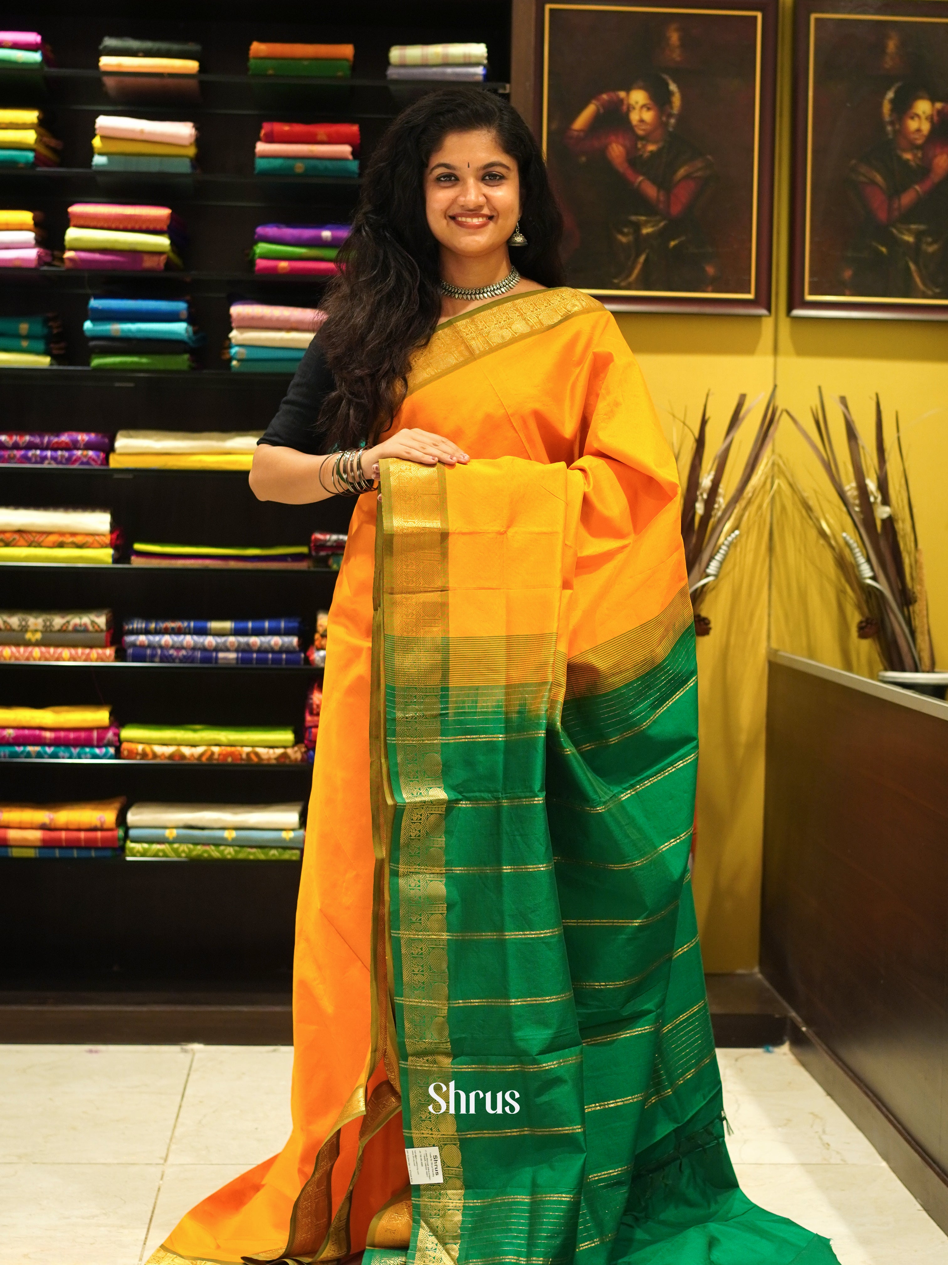 Mambala Yellow And Green- Silk Cotton Half-pure saree