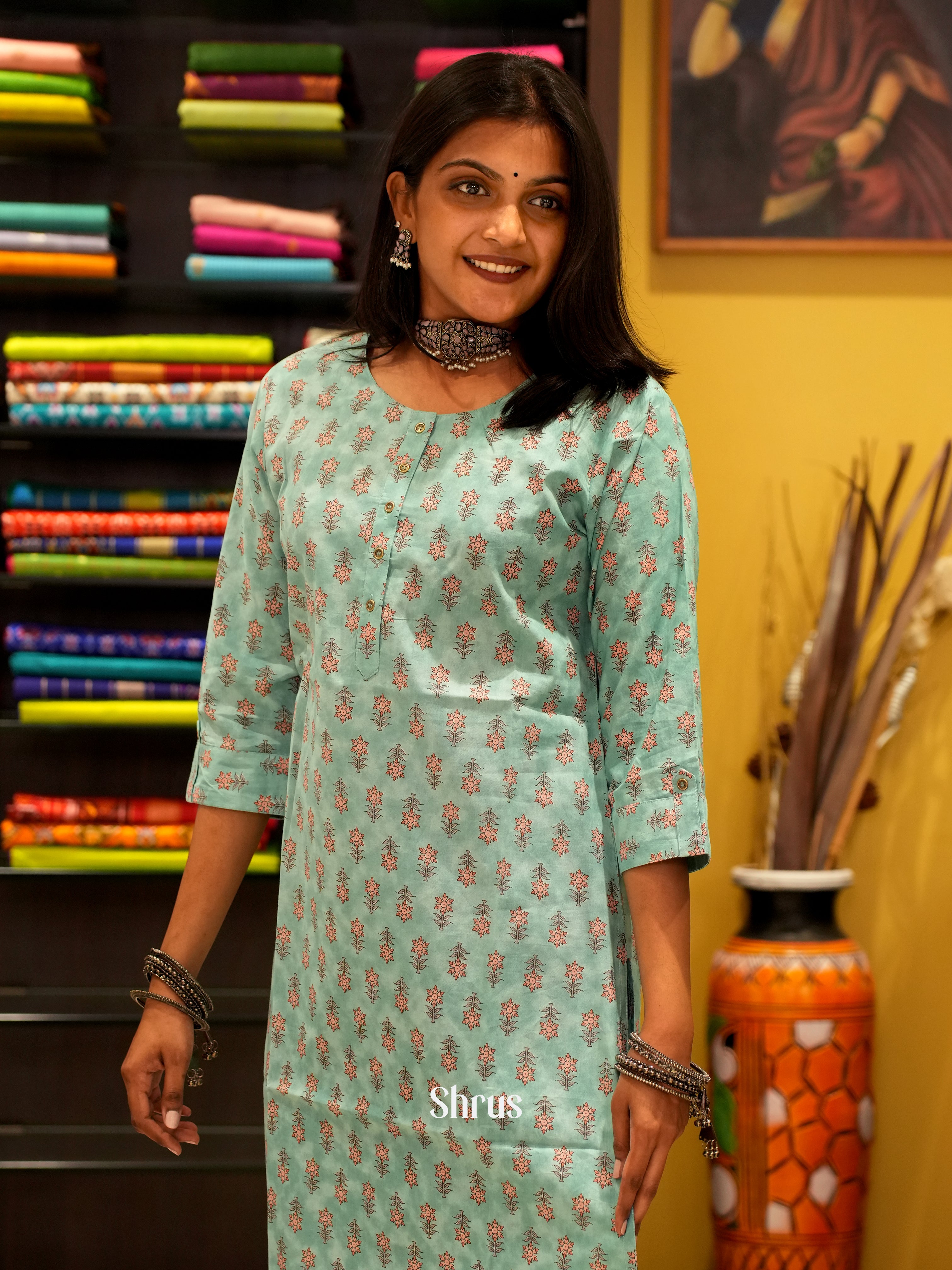 Blue - Readymade printed Kurti - Shop on ShrusEternity.com