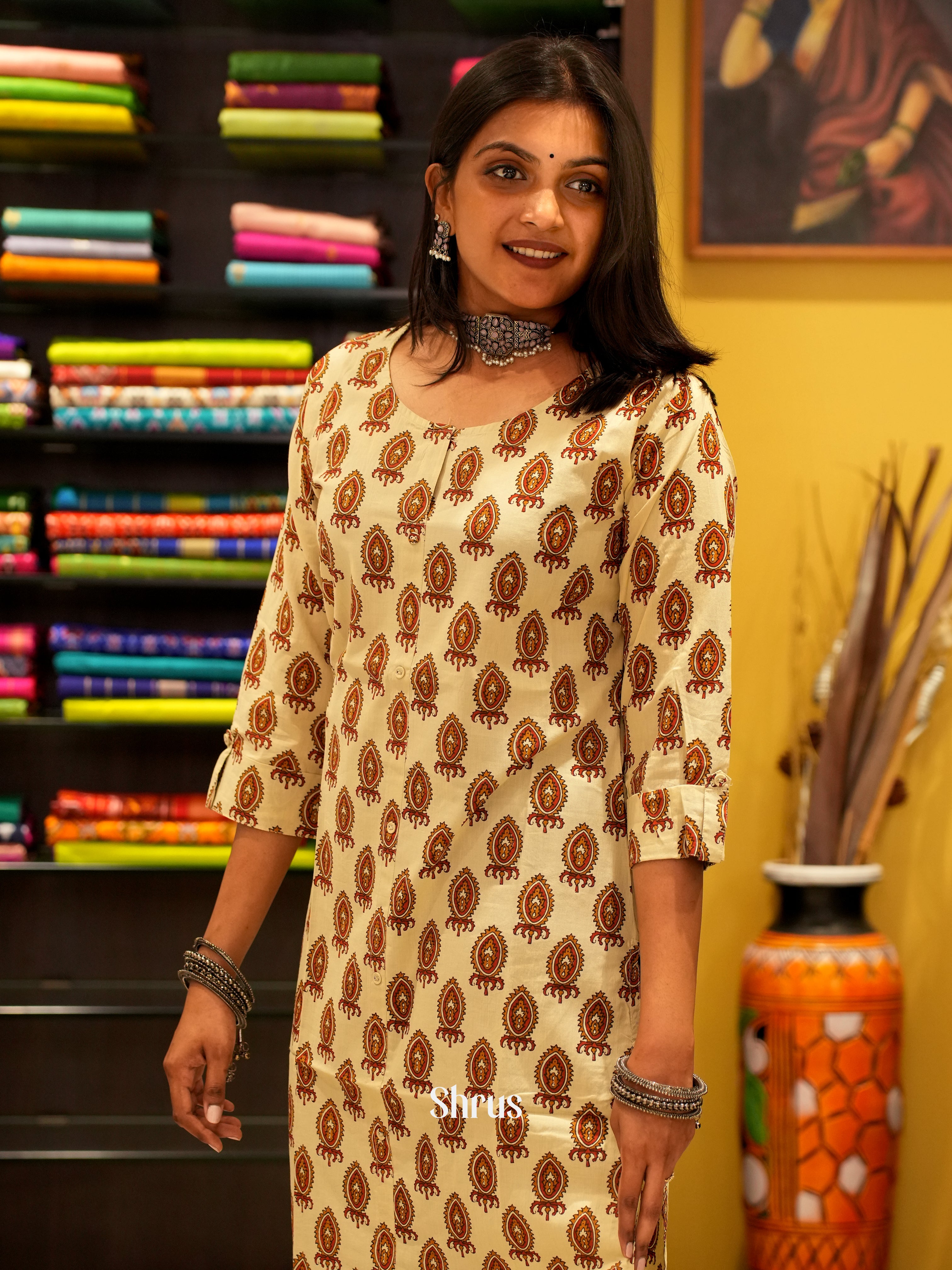 Cream - Readymade printed Kurti - Shop on ShrusEternity.com