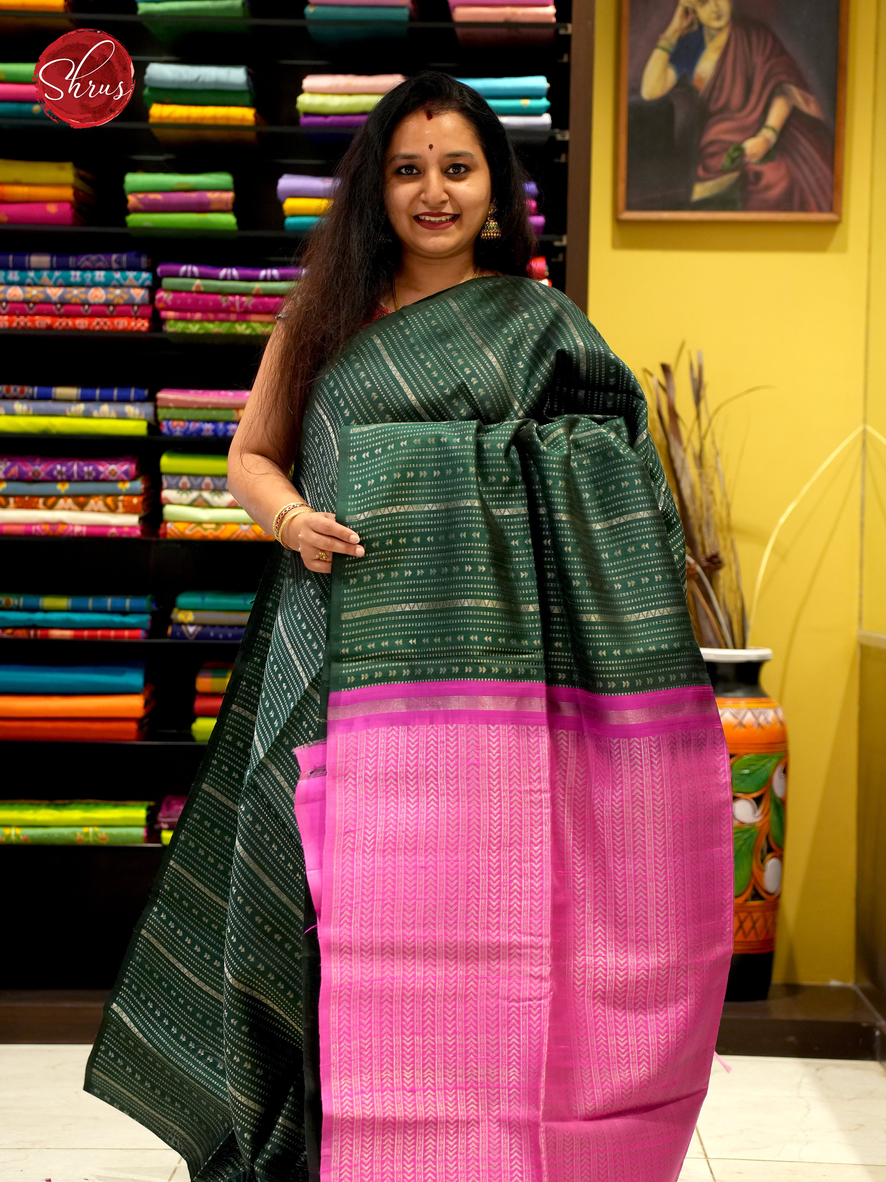 Bottle Green and pink - Raw Silk Saree