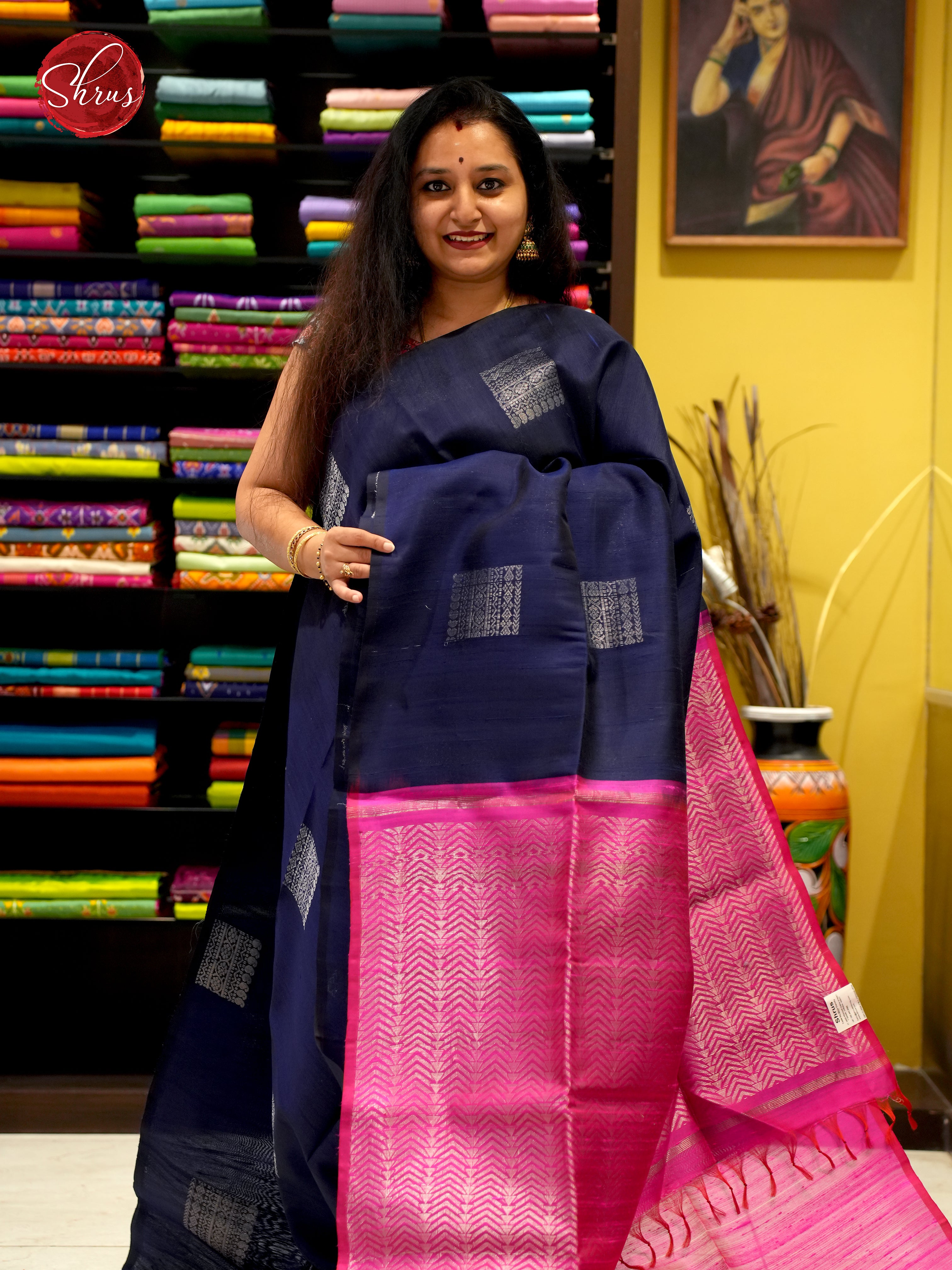 Navy Blue and Pink - Raw Silk Saree - Shop on ShrusEternity.com