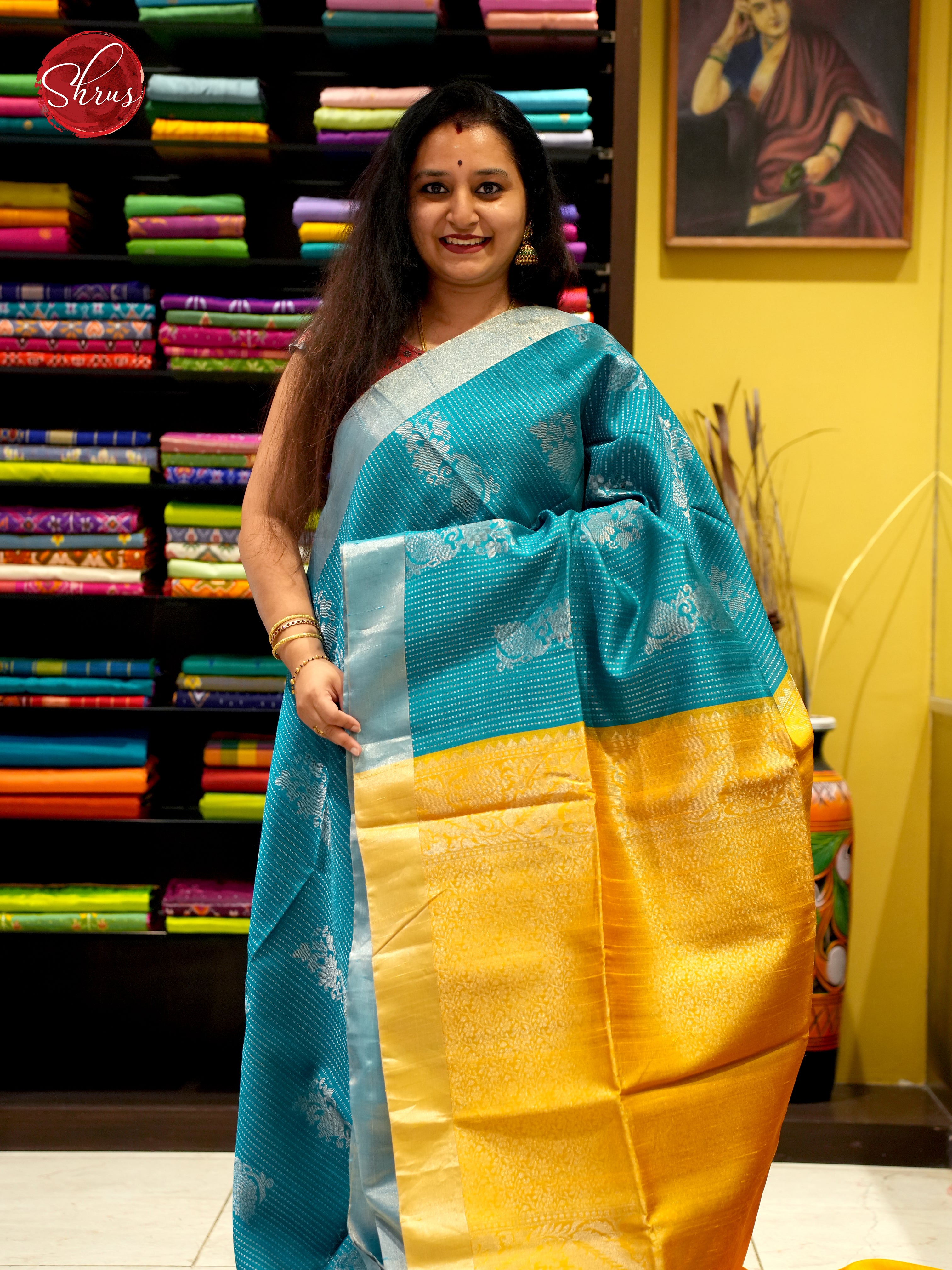 Light Blue and Mustard - Raw Silk Saree - Shop on ShrusEternity.com