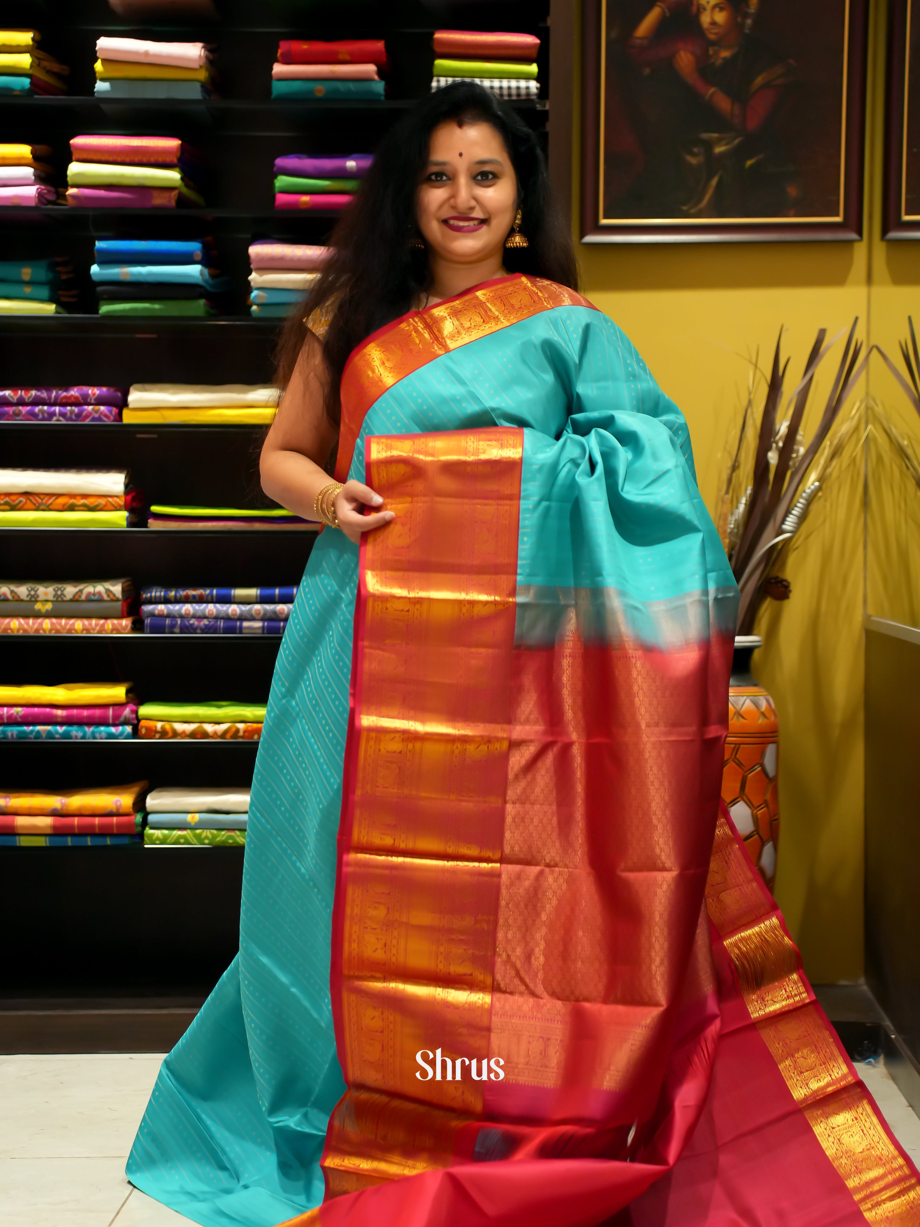 Teal Blue And Red- Korvai Kanchipuram Silk Saree