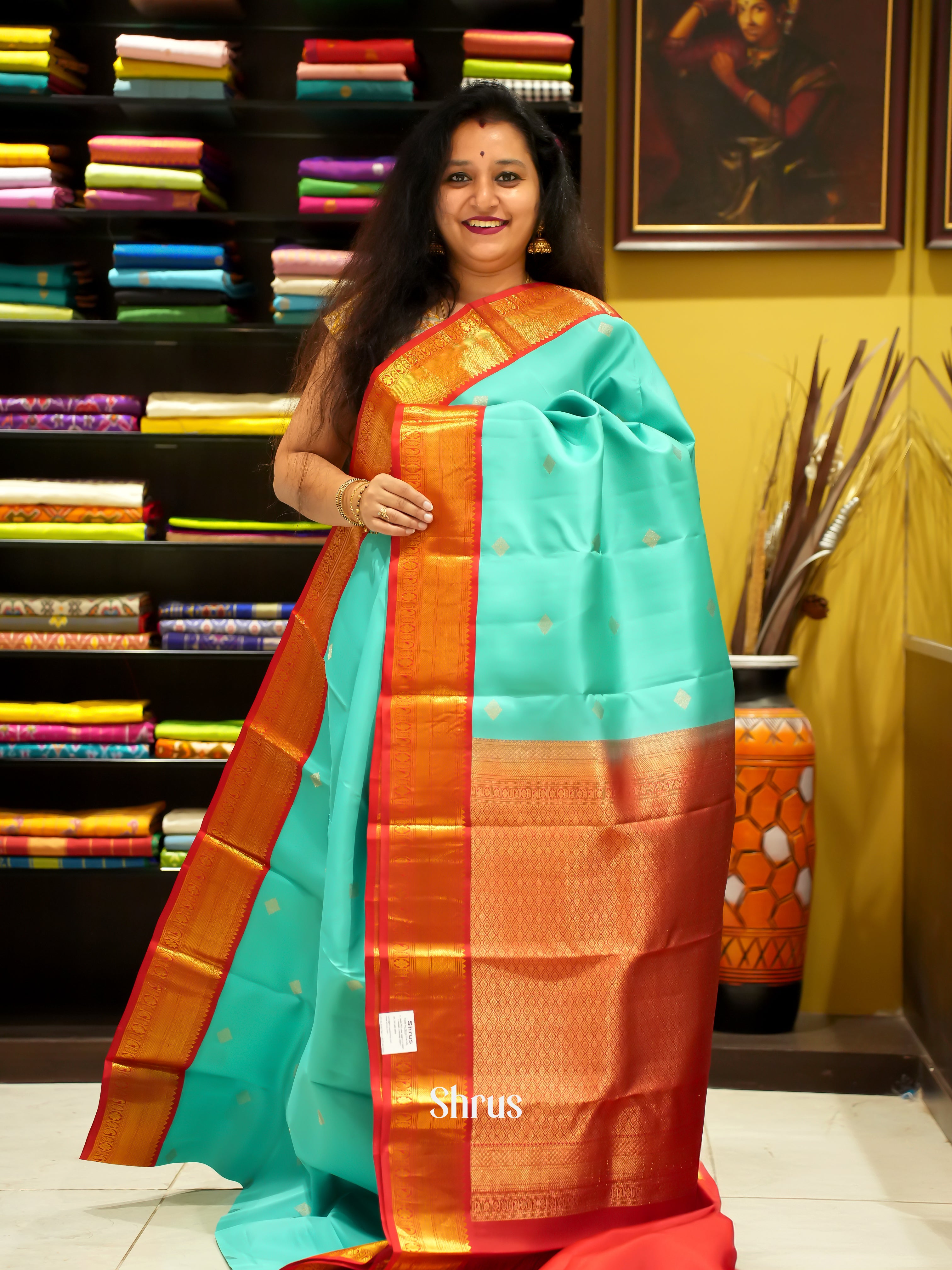 Teal Green And Red- Korvai Kanchipuram Silk Saree