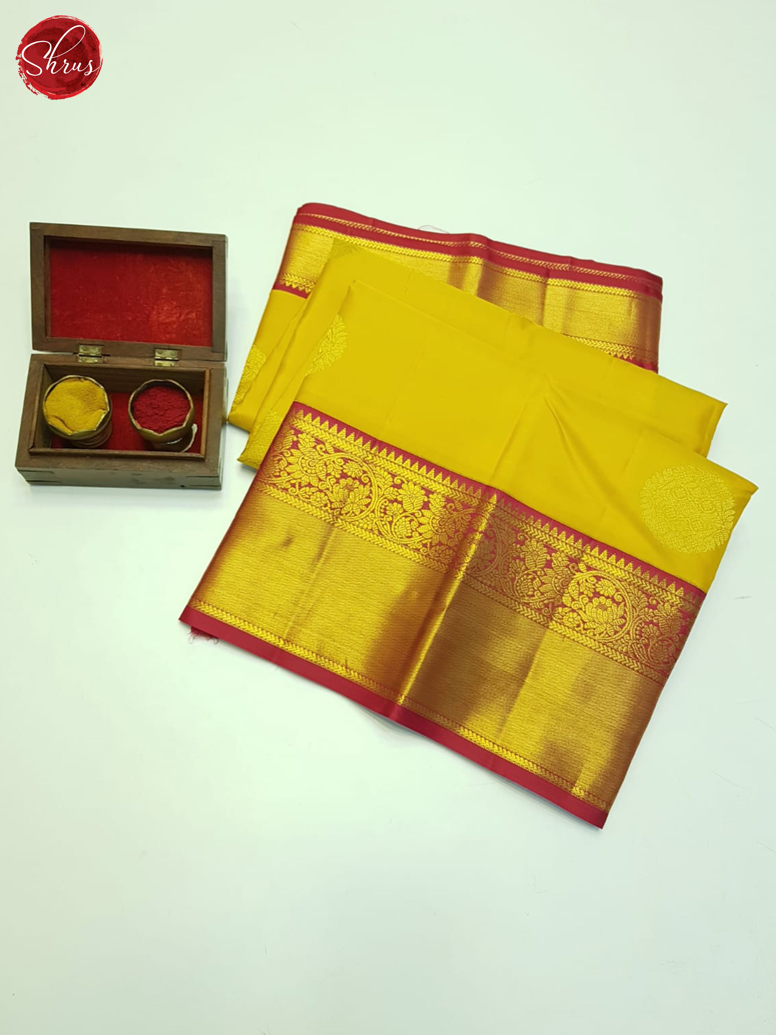 Mustard And Red- Kanchipuram Silk Saree - Shop on ShrusEternity.com