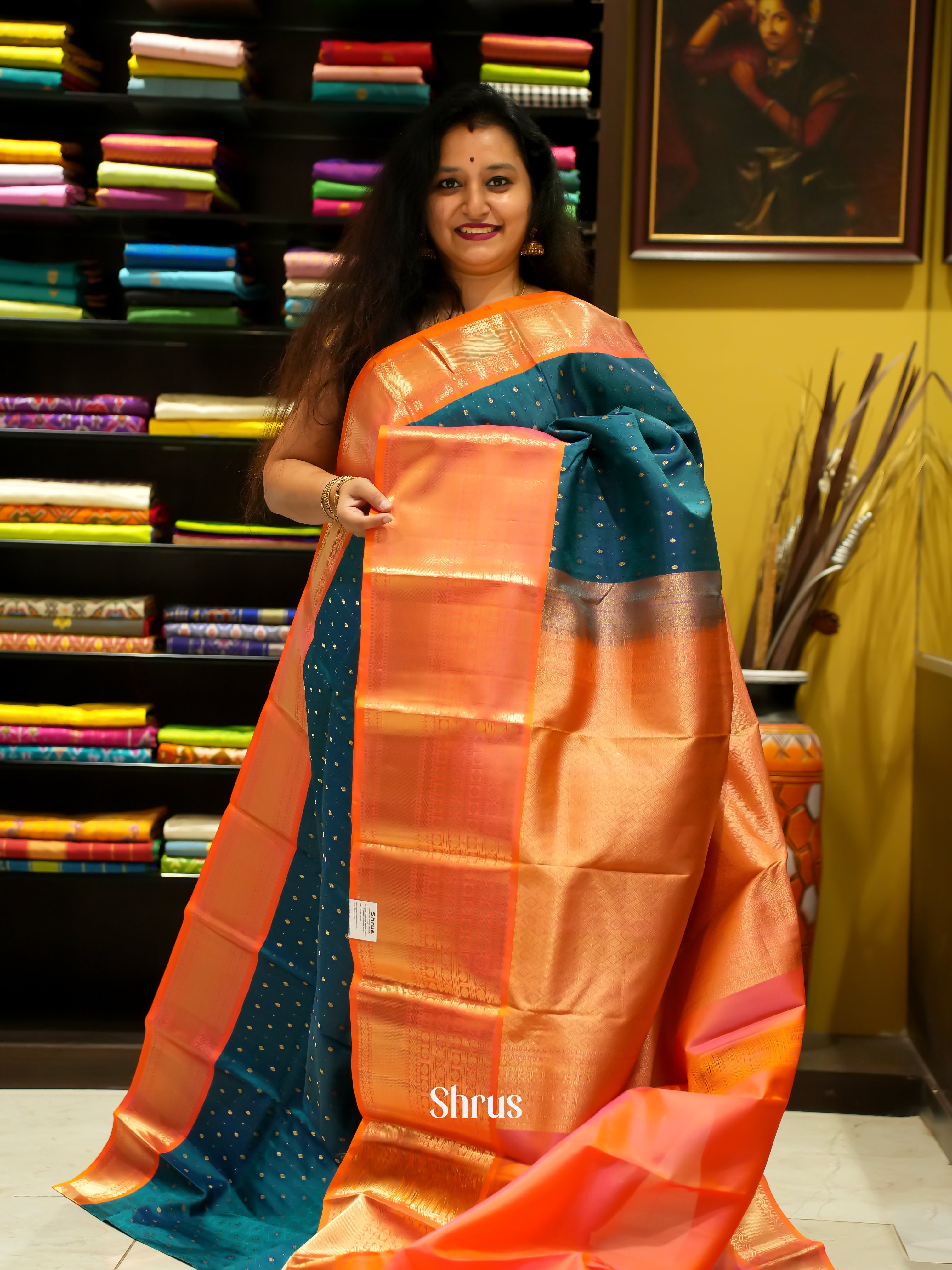 Peacock Neck & Orange - Korvai Kanchipuram Silk Saree