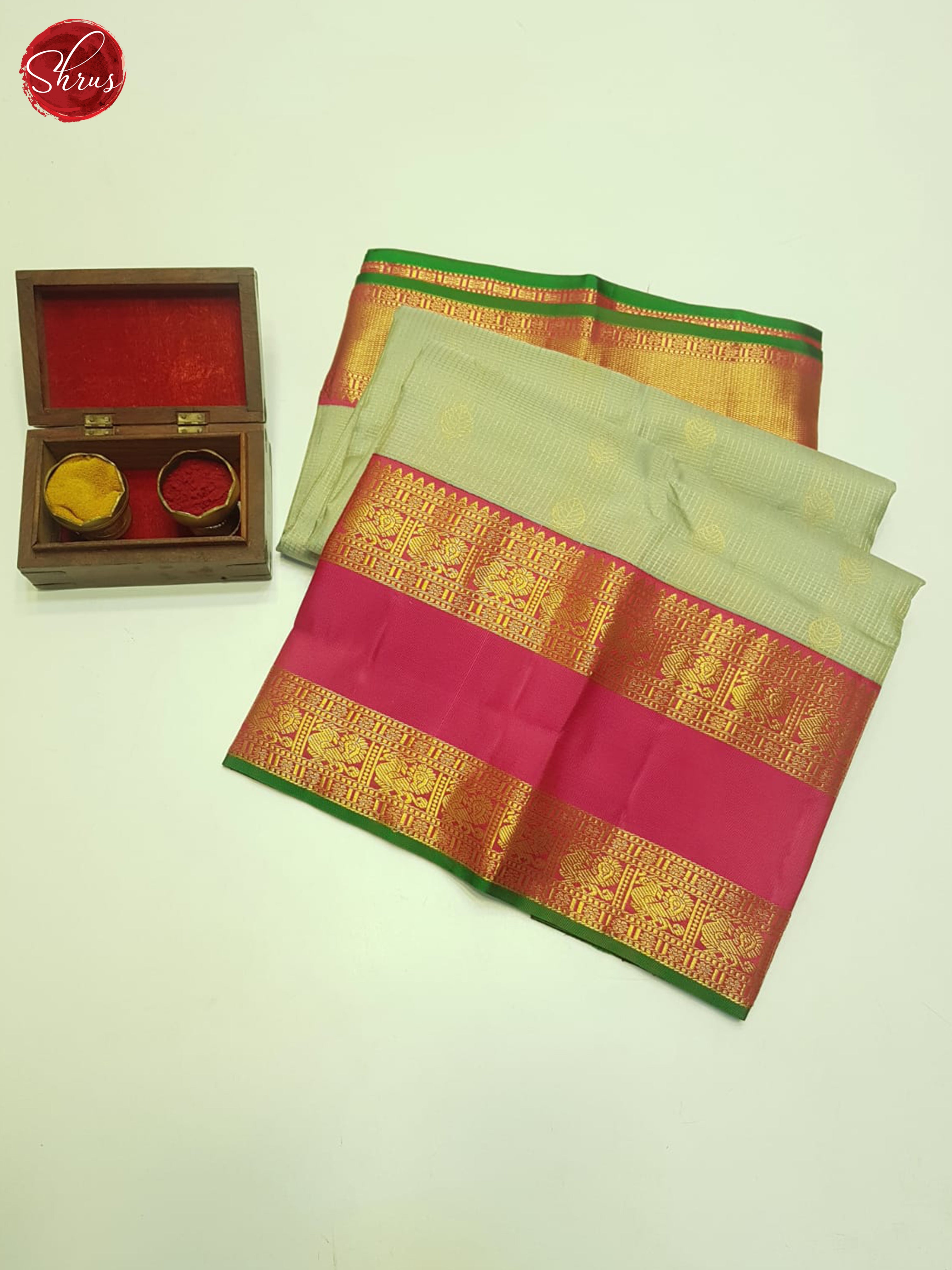 Greenish Grey And Pink- Kachipuram Silk Saree - Shop on ShrusEternity.com