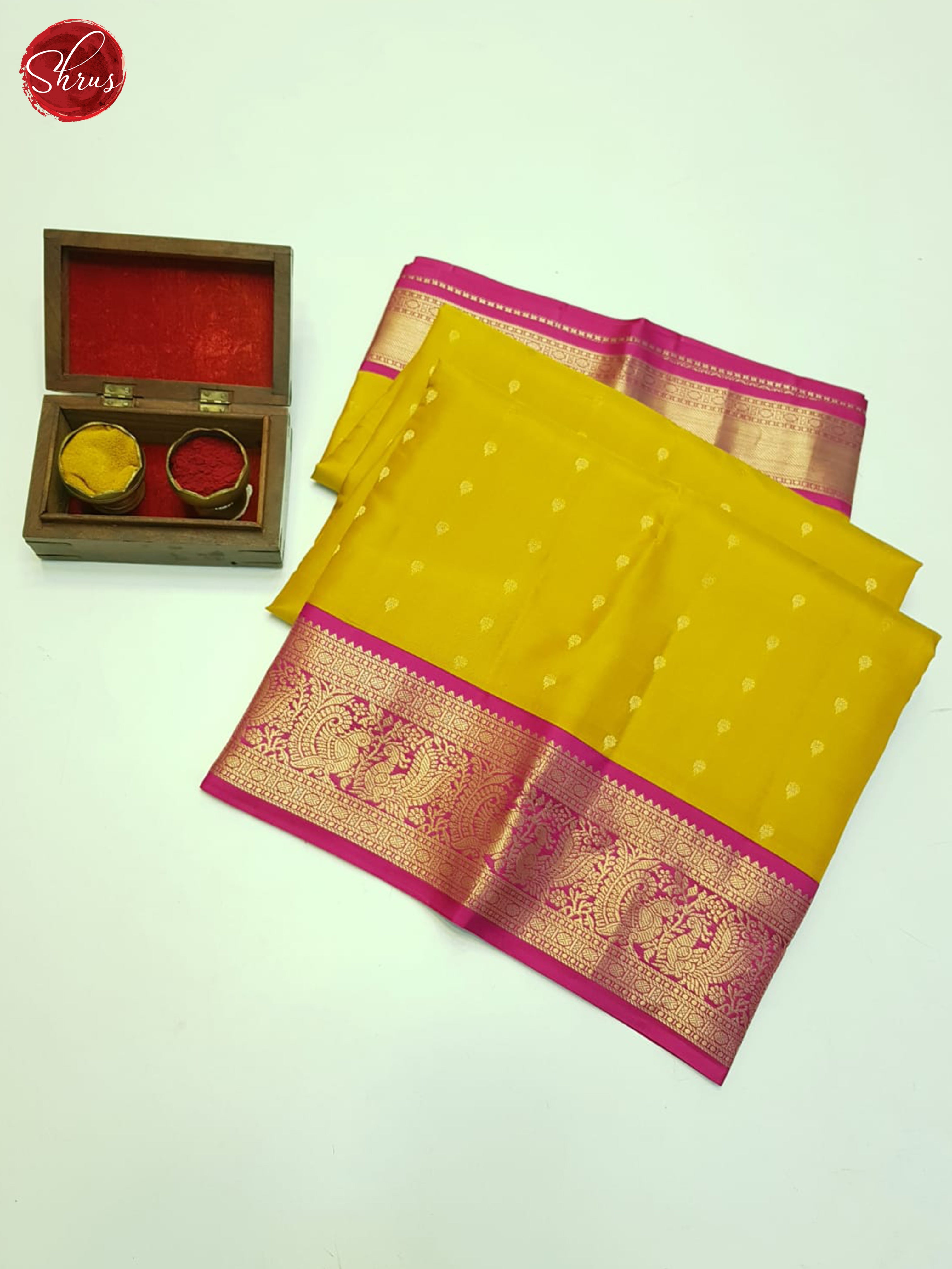 Mustard And Pink-Kanchipuram Silk Saree - Shop on ShrusEternity.com