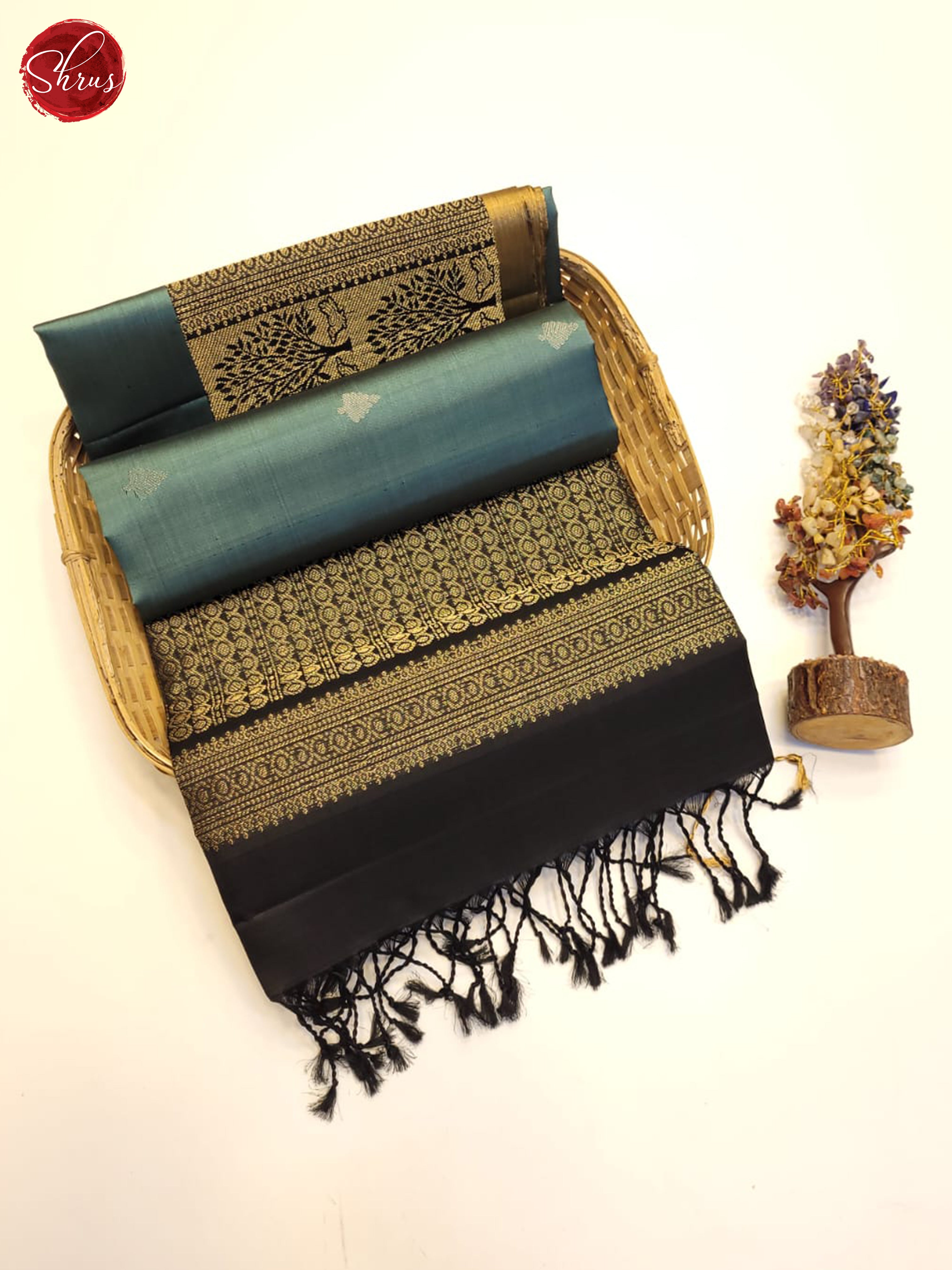 Pastel Greenish Blue And Black- Soft Silk Saree - Shop on ShrusEternity.com