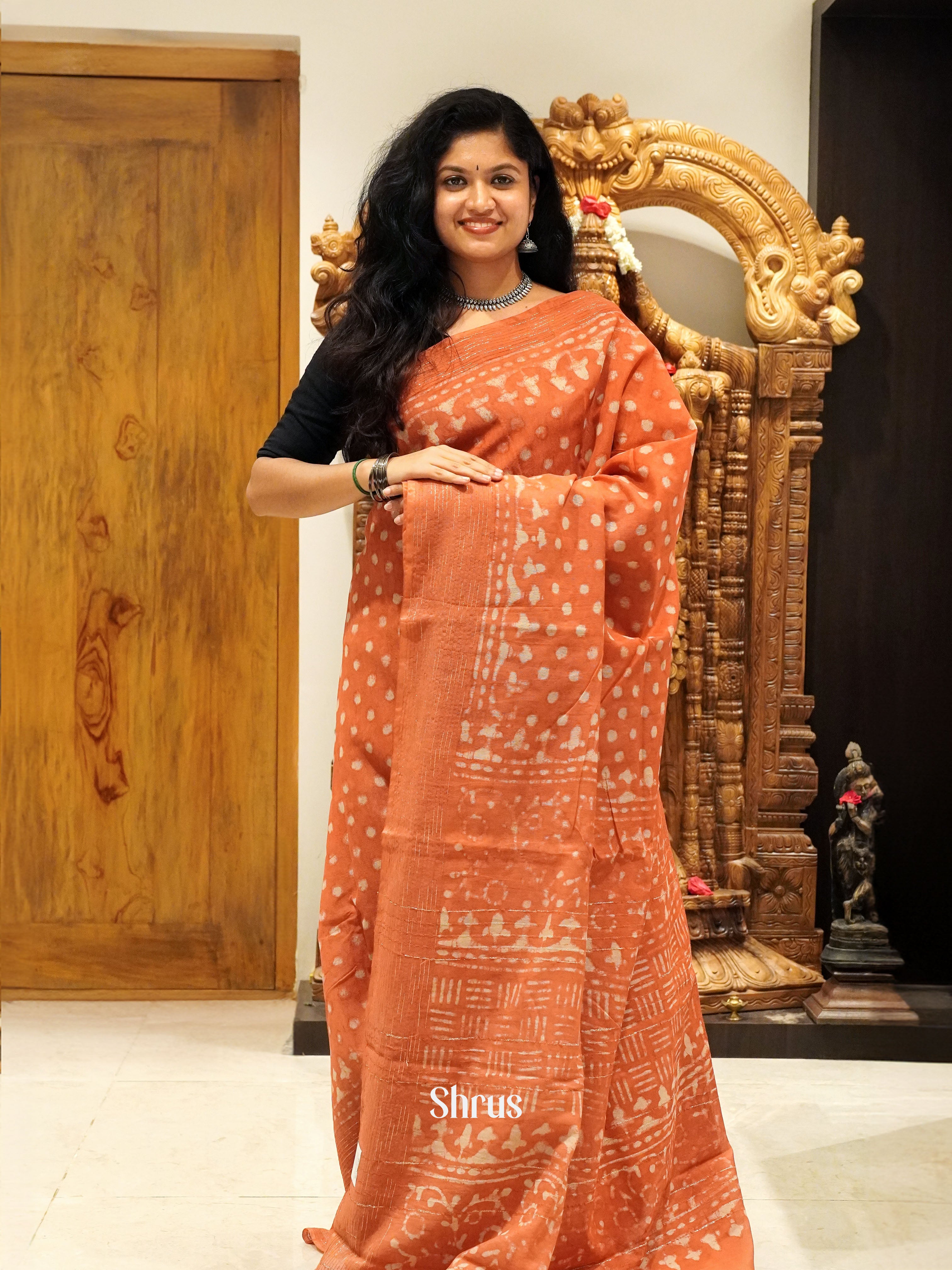 Brick Orange(Single Tone)- Semi Chanderi Saree