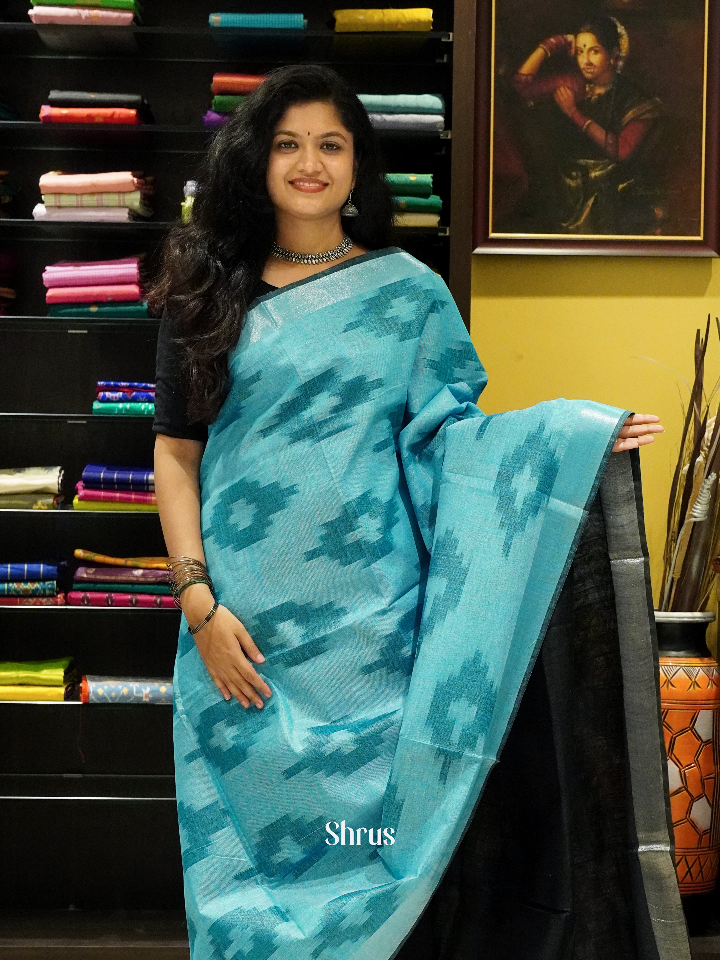 Blue & Black - Semi Ikkat Saree