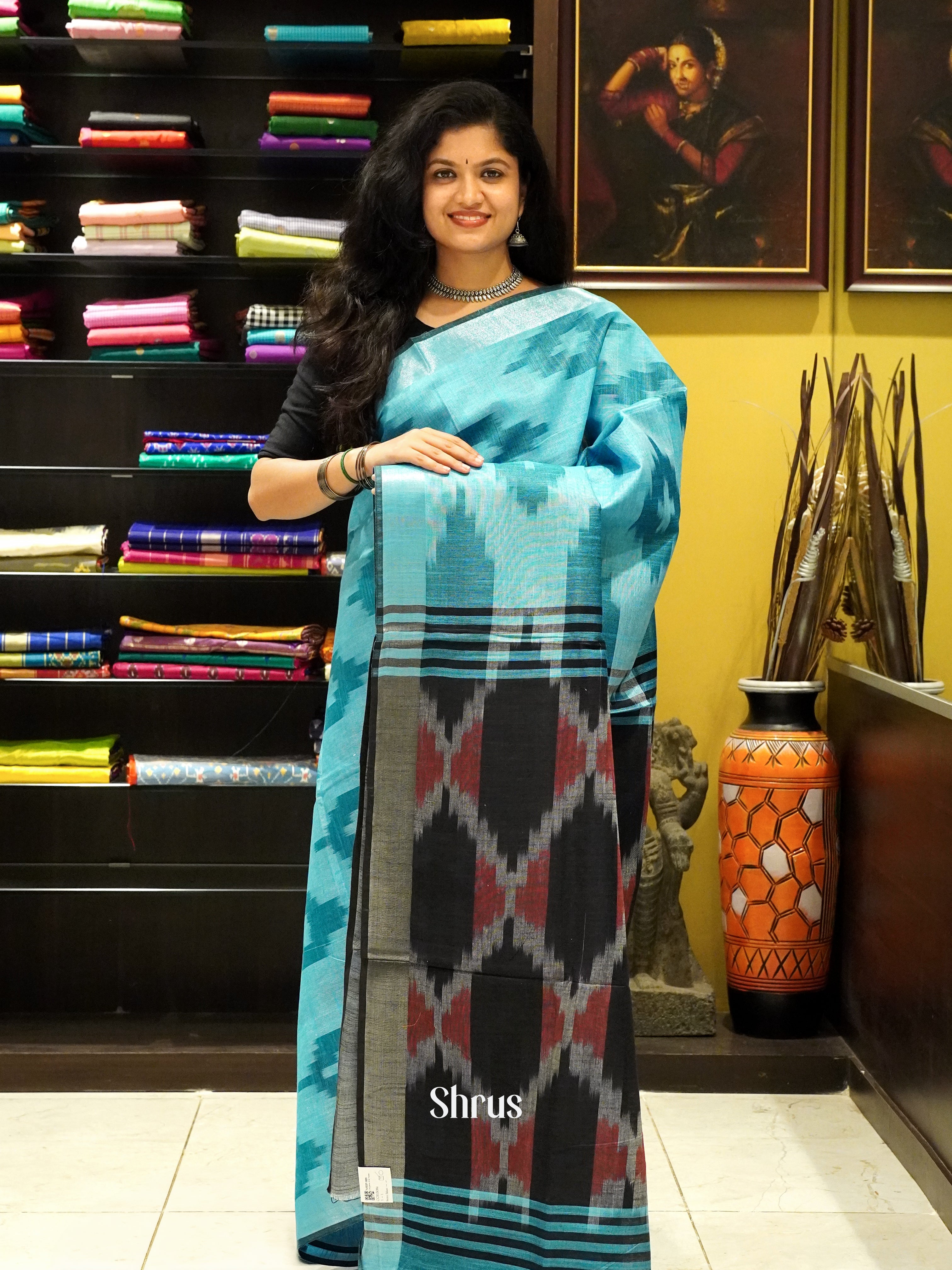 Blue & Black - Semi Ikkat Saree