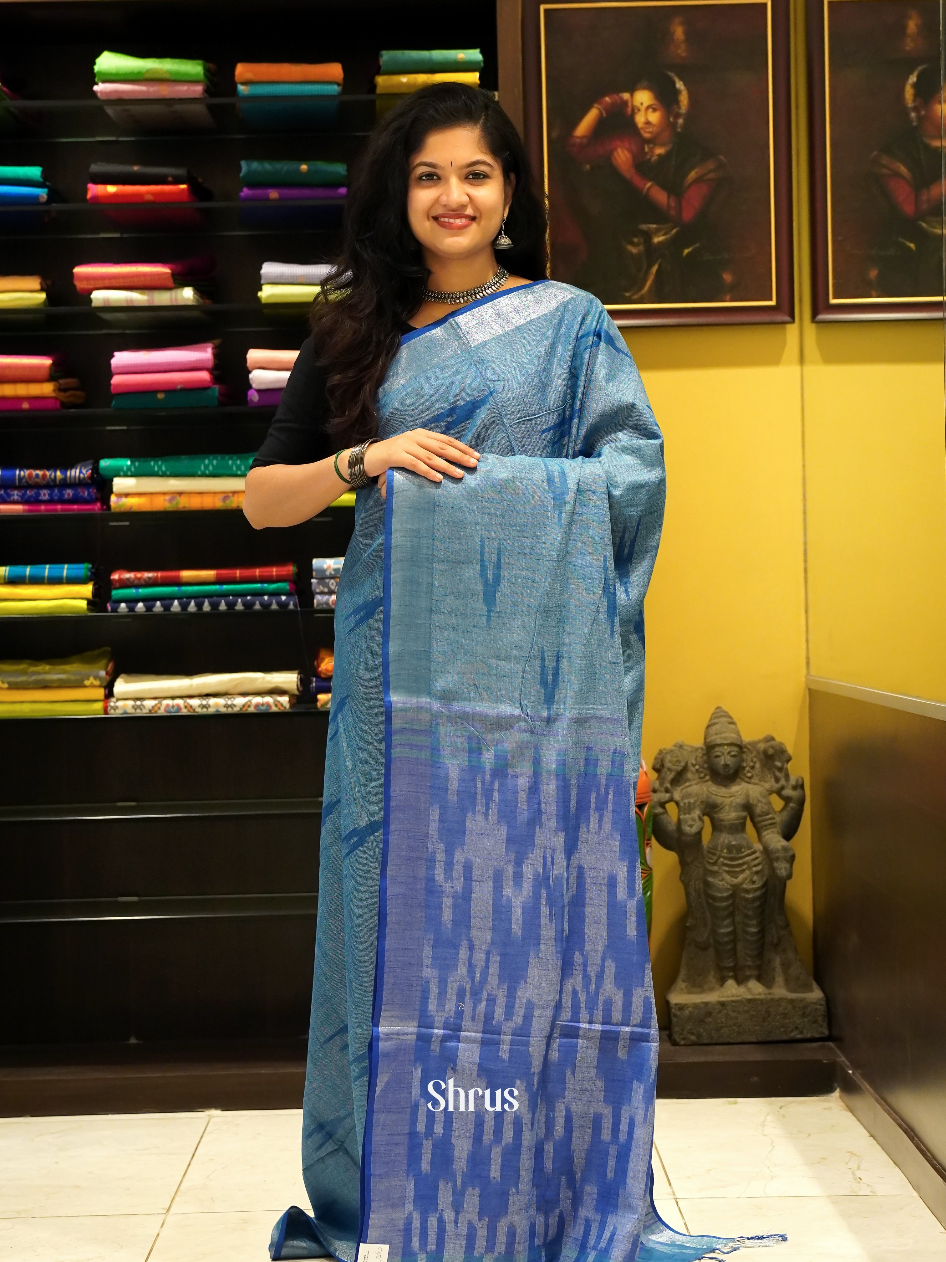 Blue & Grey- Semi Ikkat Saree