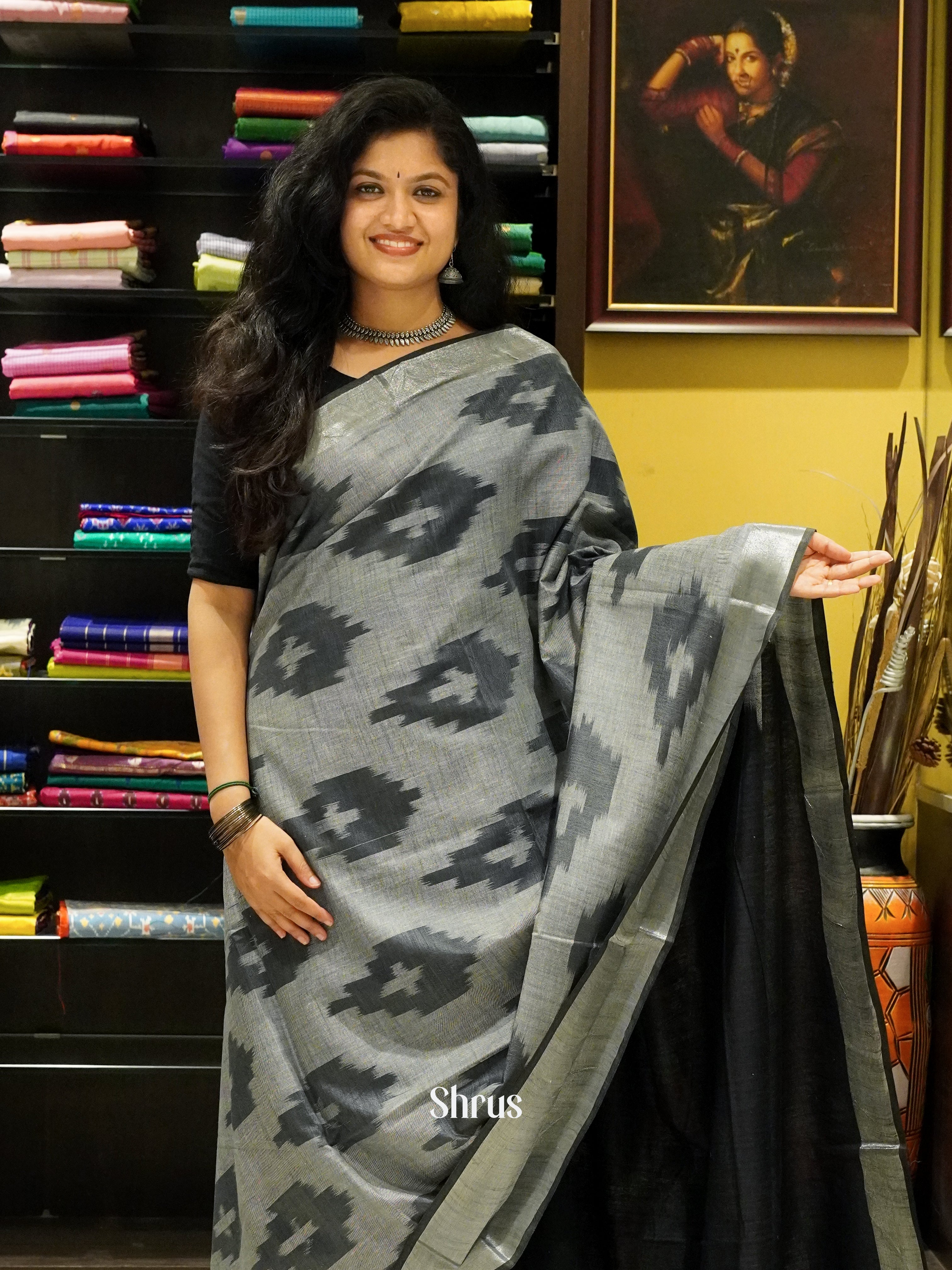 Grey And Black-Semi Ikkat Saree