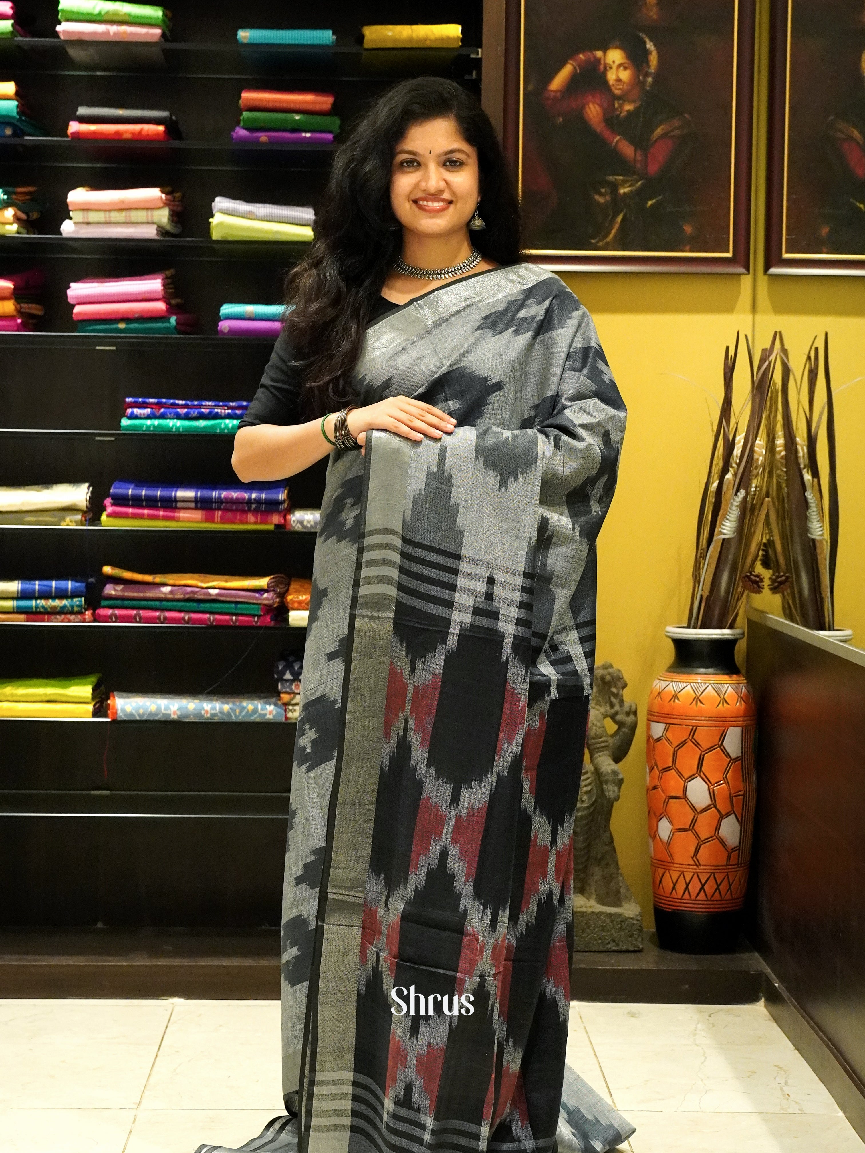 Grey And Black-Semi Ikkat Saree