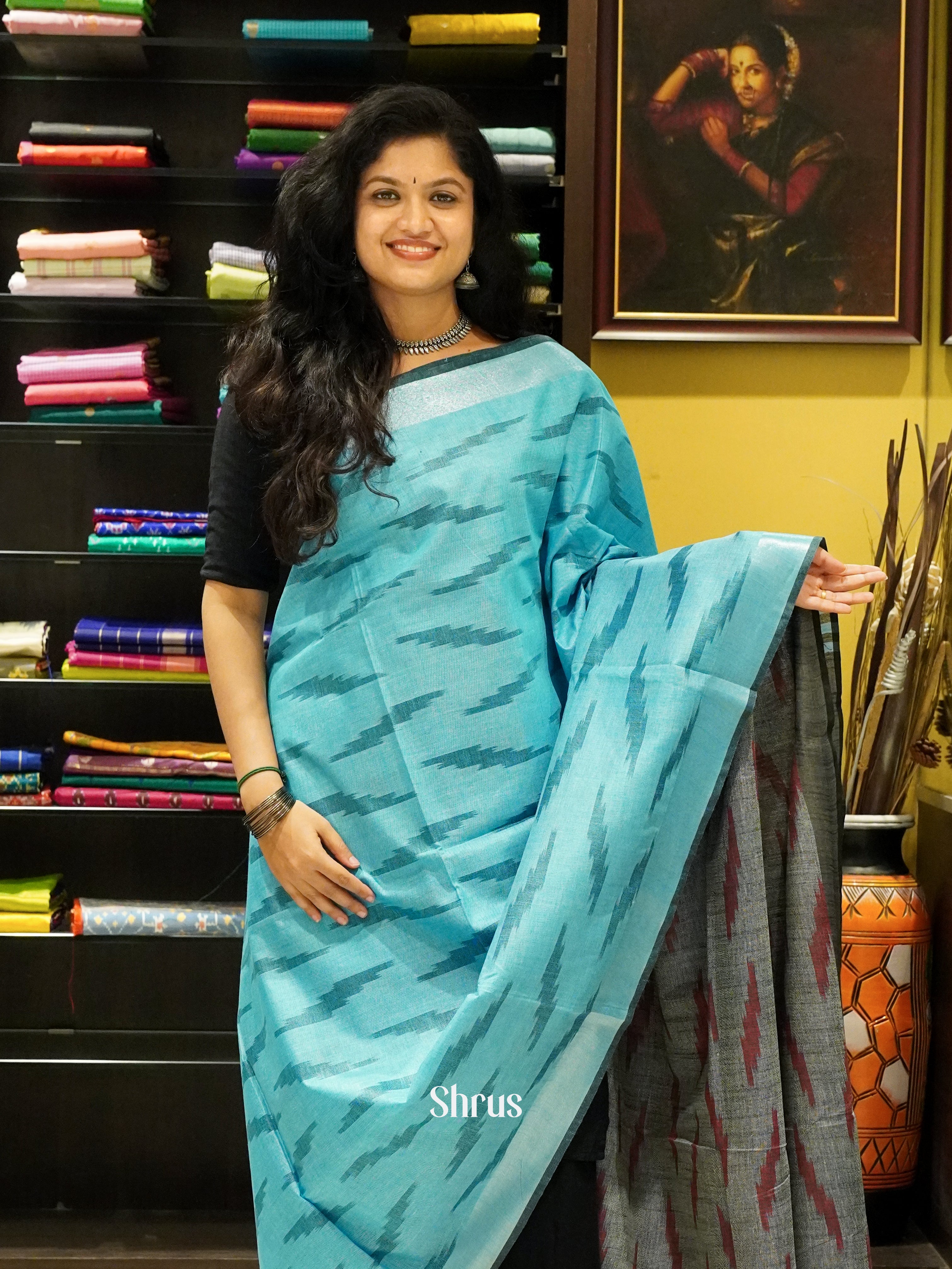 Blue And Grey-Semi ikkat saree