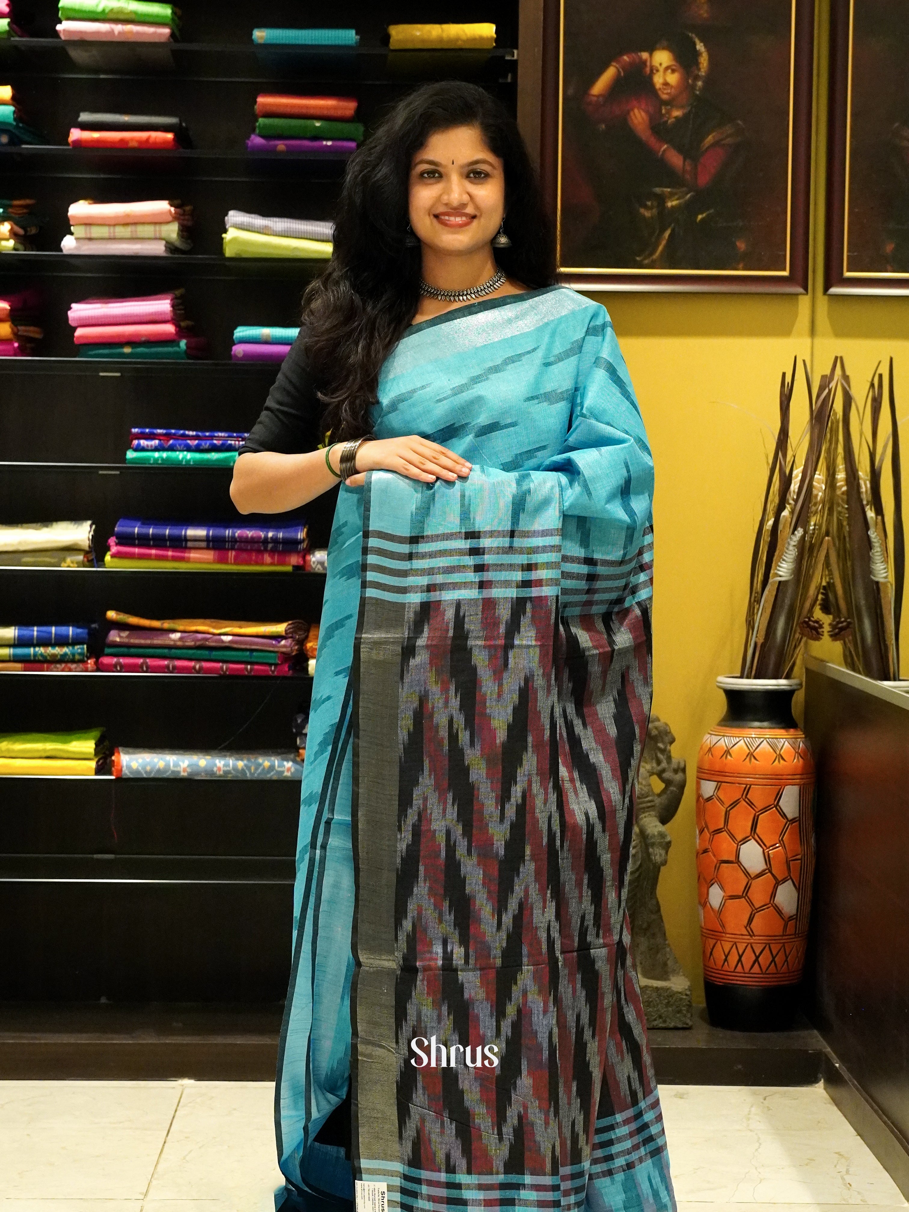 Blue And Grey-Semi ikkat saree