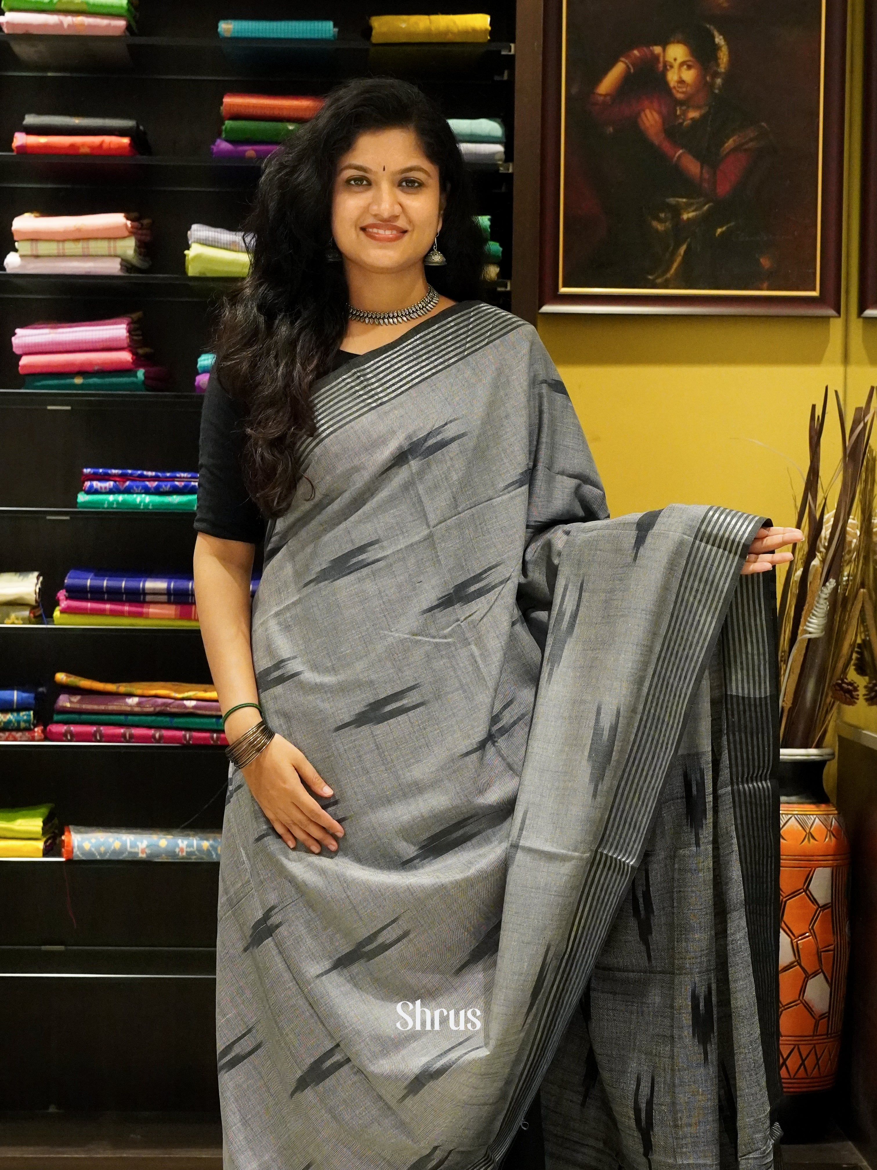 Grey & Black - Semi Ikkat Saree