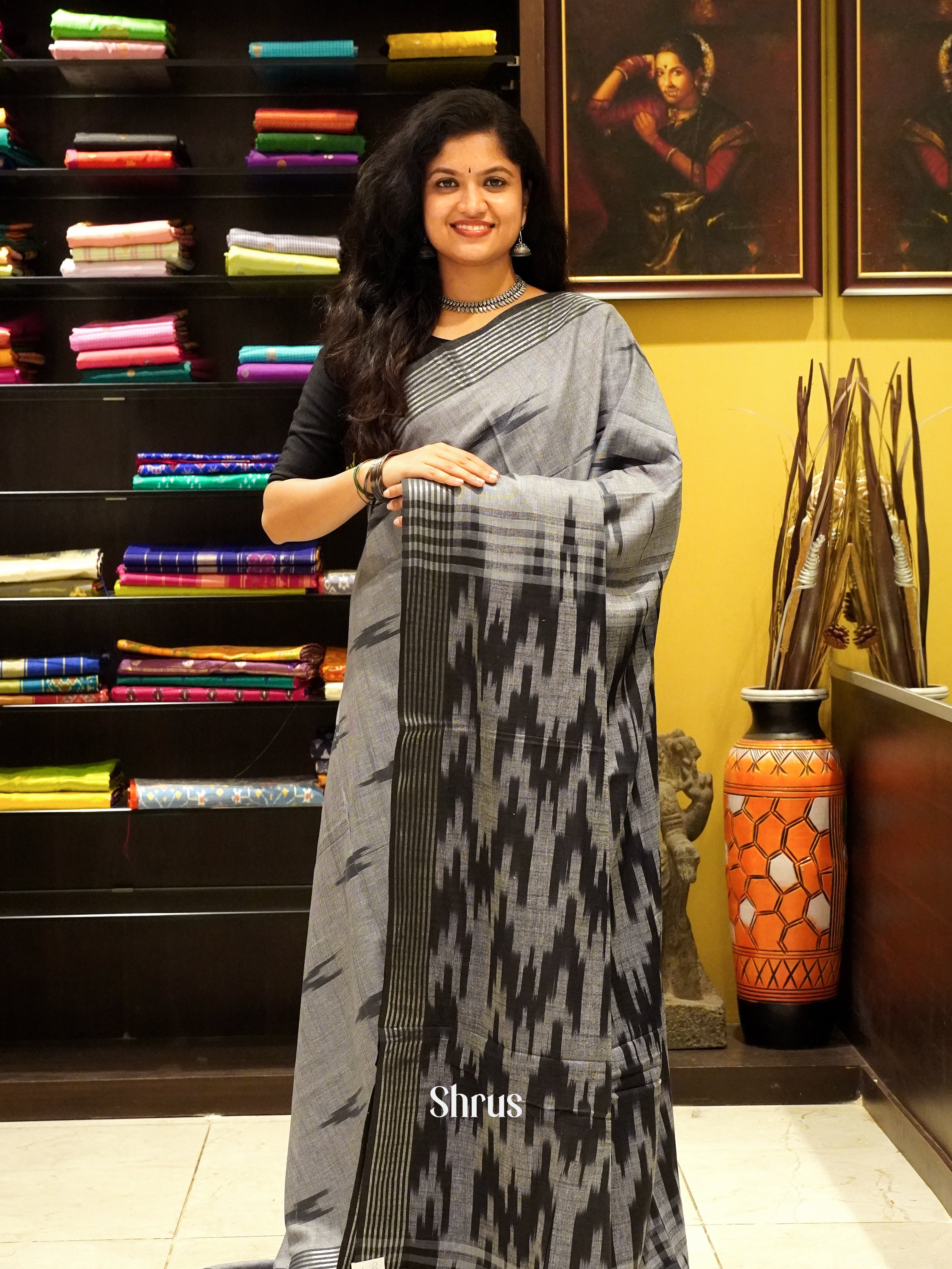 Grey & Black - Semi Ikkat Saree