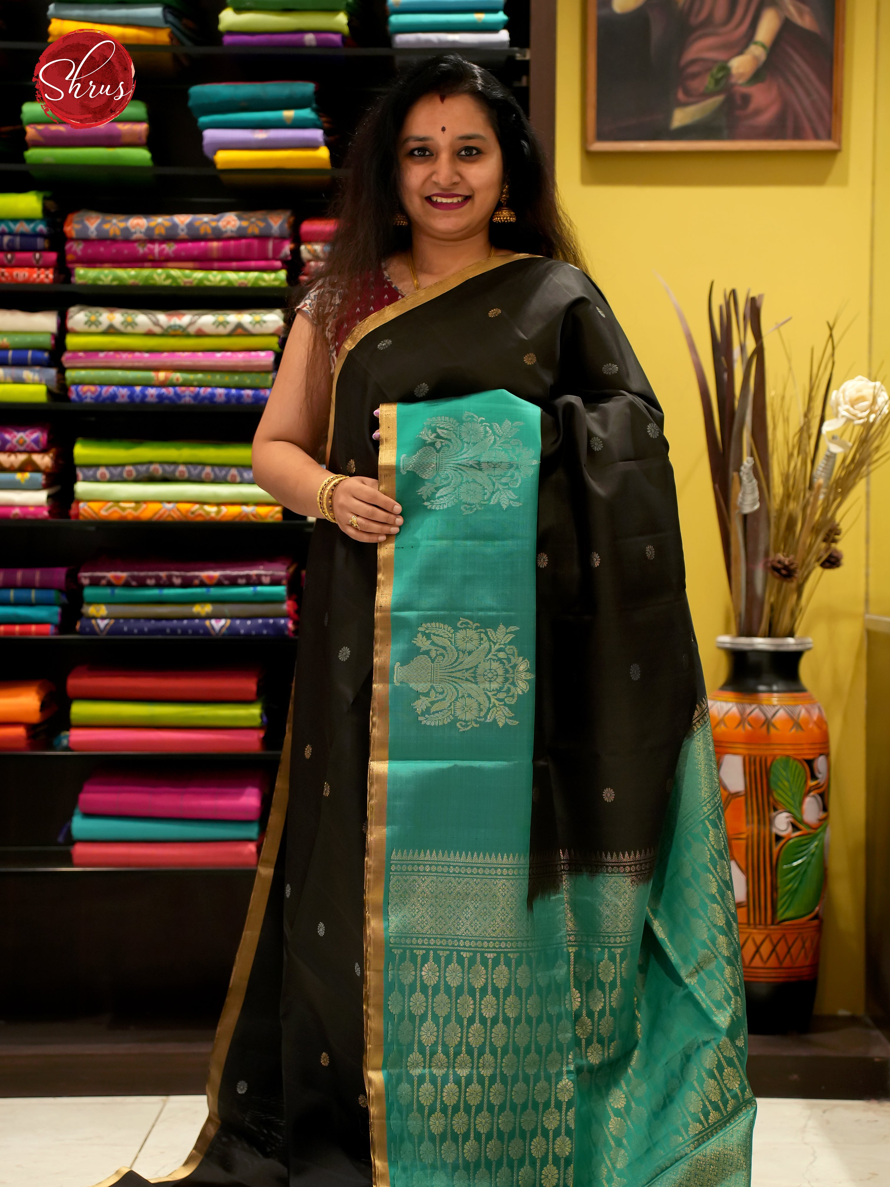 Black And Green- Soft Silk Saree - Shop on ShrusEternity.com