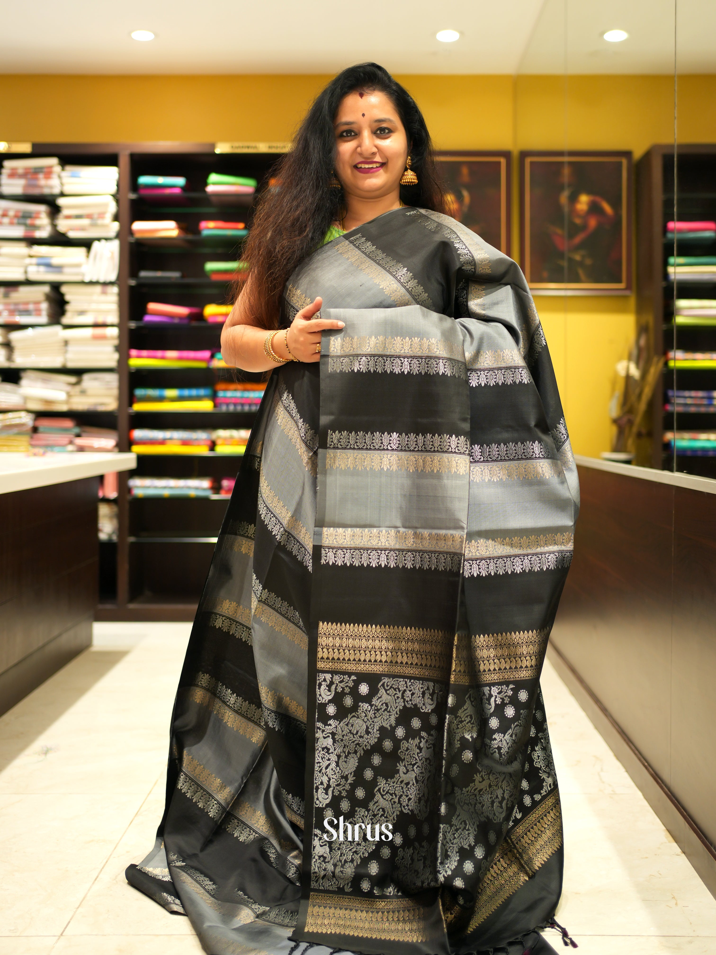 Grey And Black- Soft Silk Saree