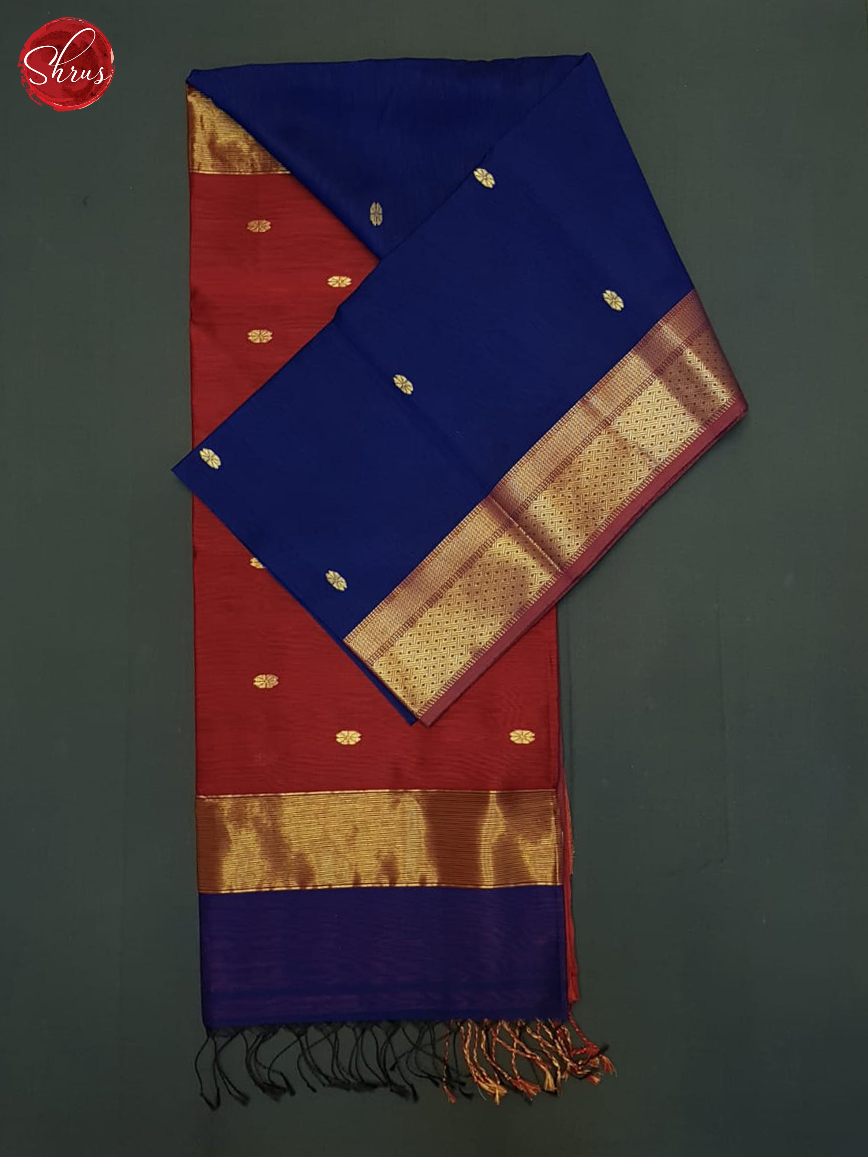 Blue and Arakku Maroon - Maheshwari silkcotton Saree - Shop on ShrusEternity.com