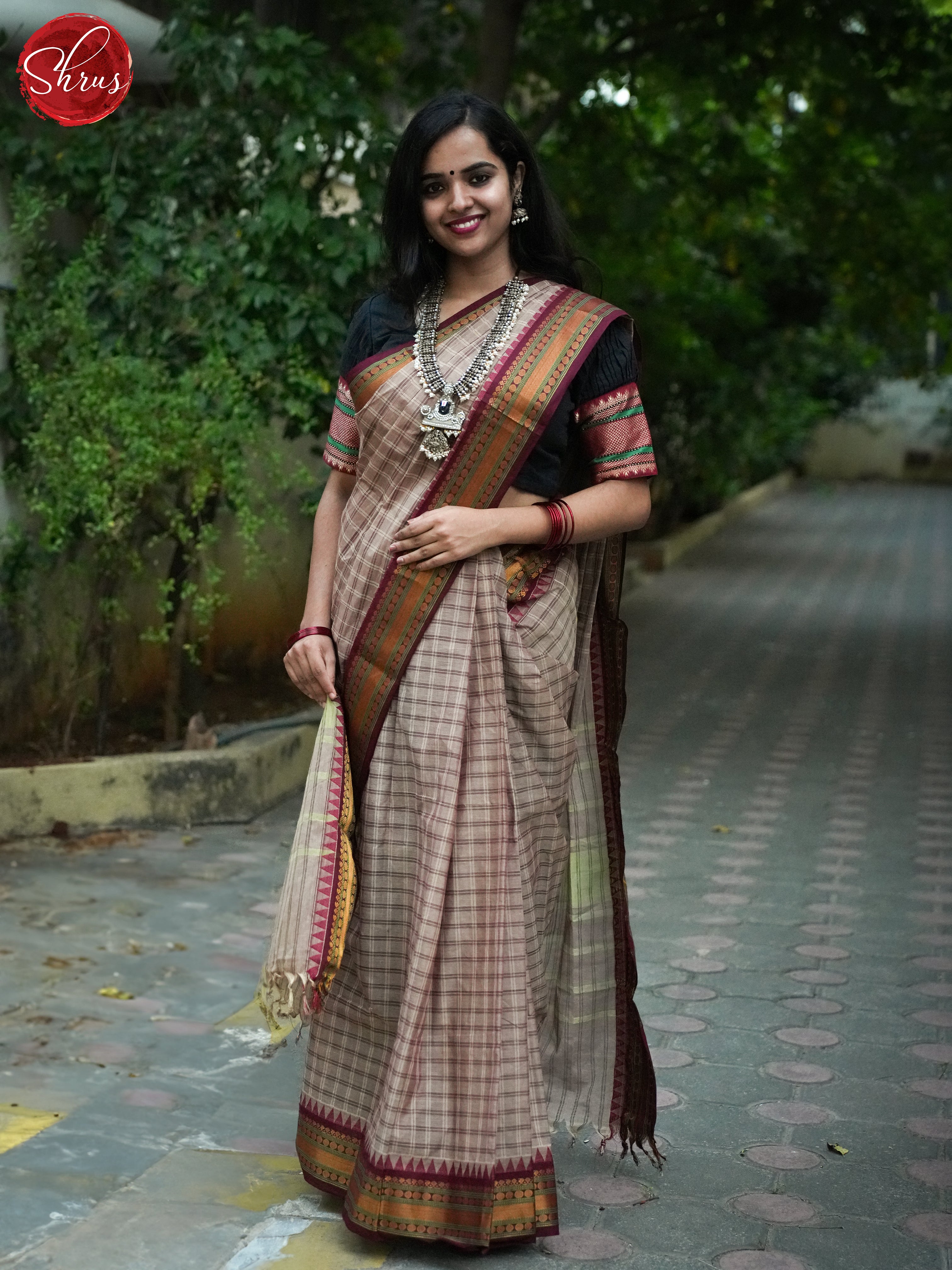 Grey & Brown  - Chettinad Cotton Saree - Shop on ShrusEternity.com