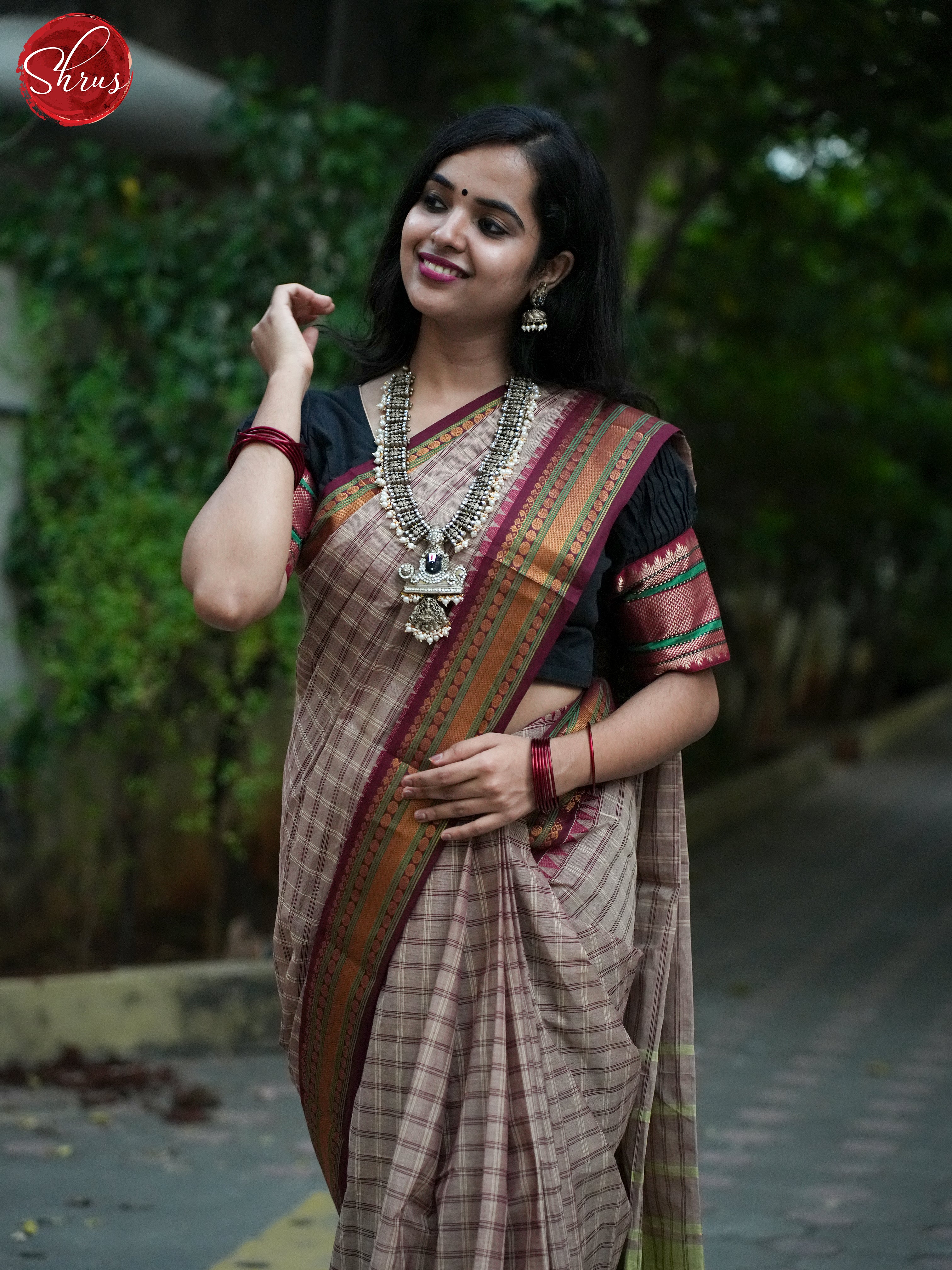 Grey & Brown  - Chettinad Cotton Saree - Shop on ShrusEternity.com