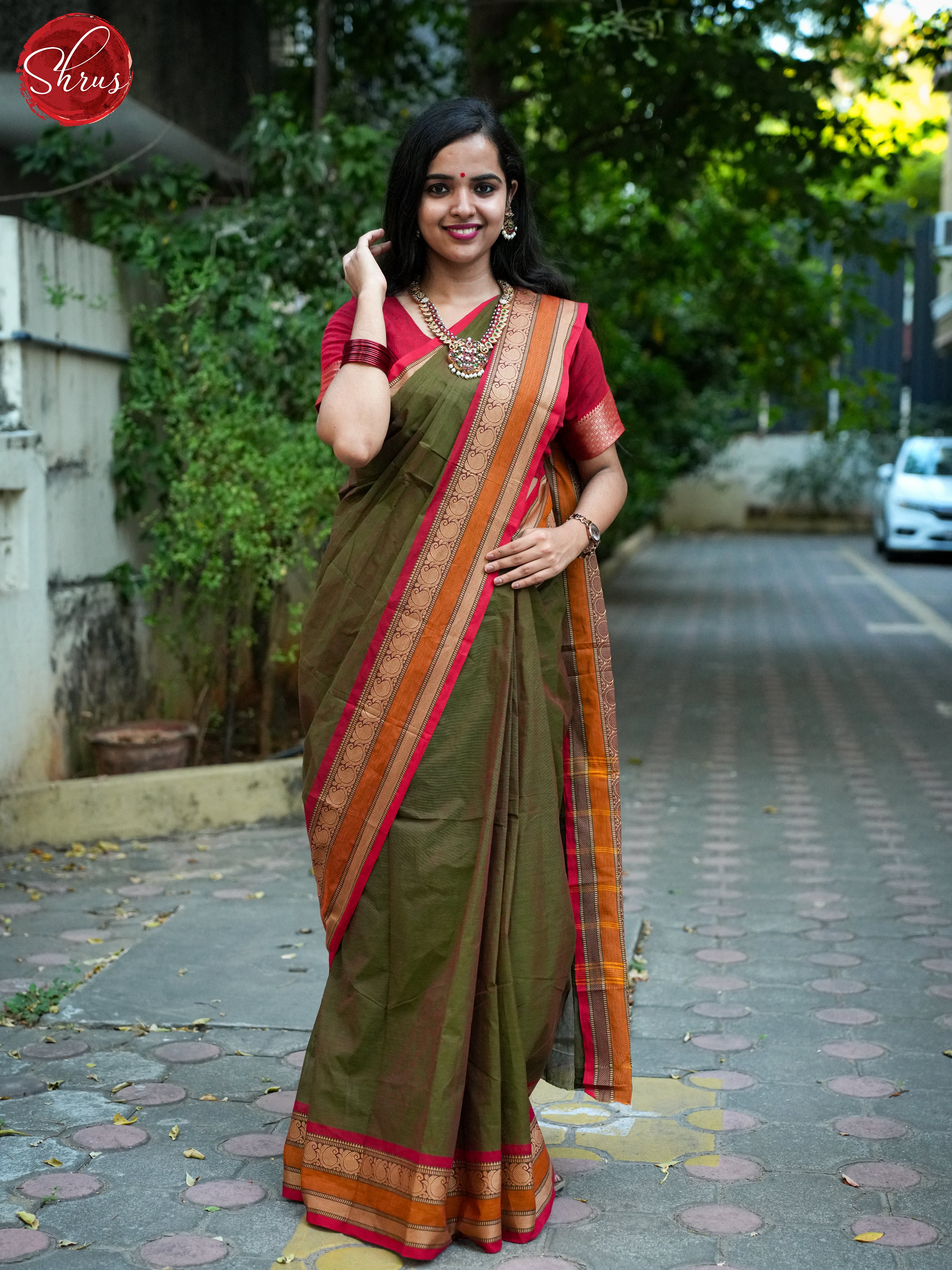 Double Shaded Greenish Brown & Red - Chettinad Cotton Saree - Shop on ShrusEternity.com