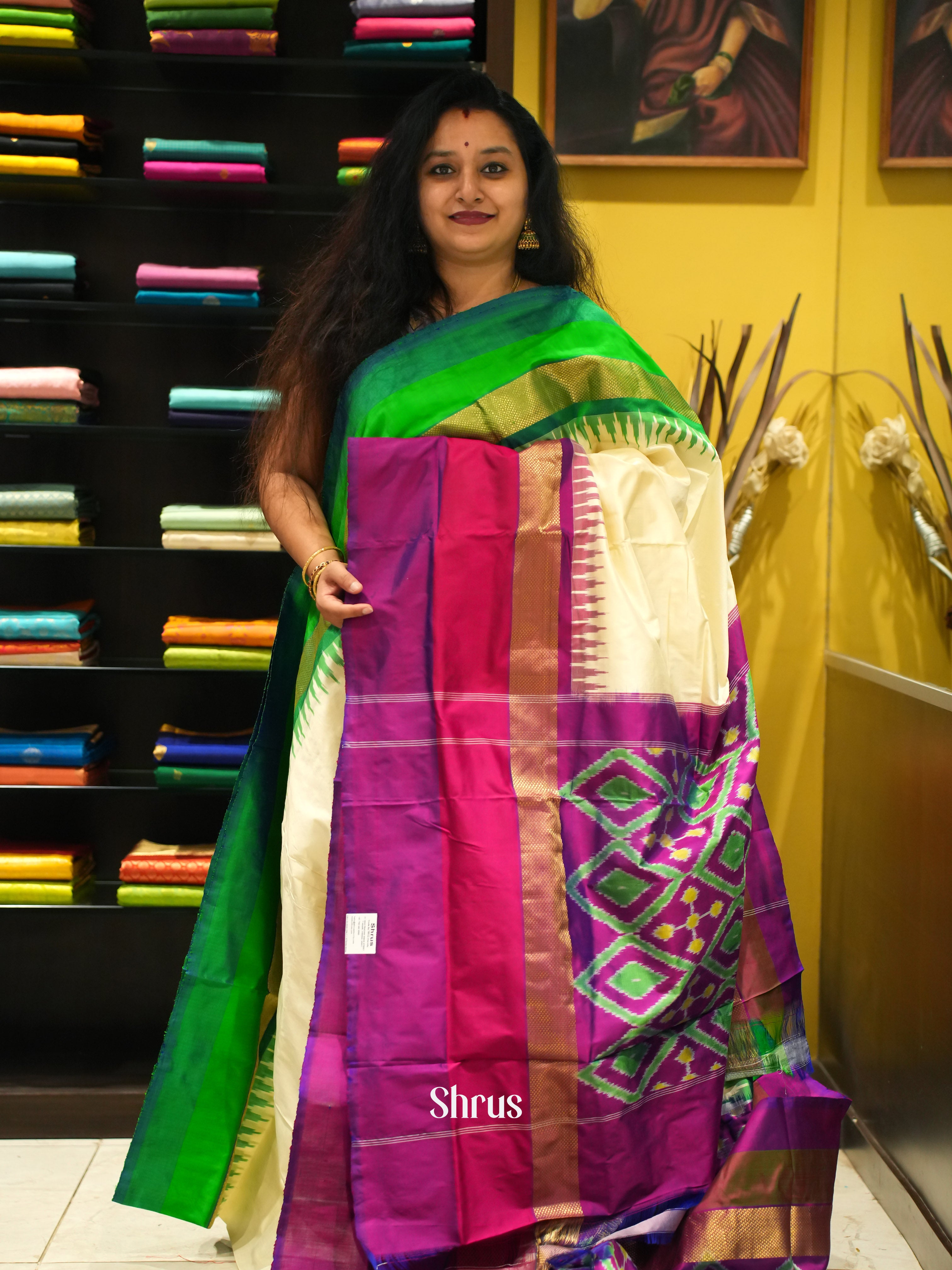 Cream Ganga Jamuna - Ikkat Silk  Saree - Shop on ShrusEternity.com