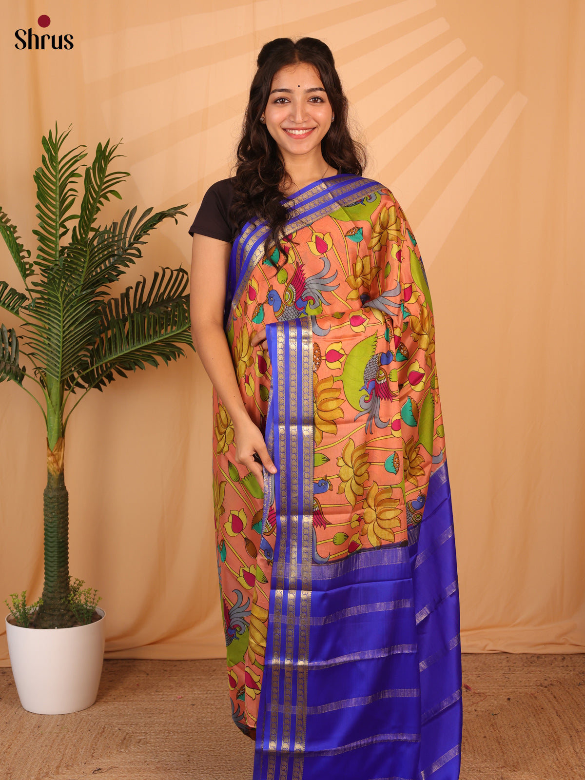 Peach and Blue - Mysore Silk Saree