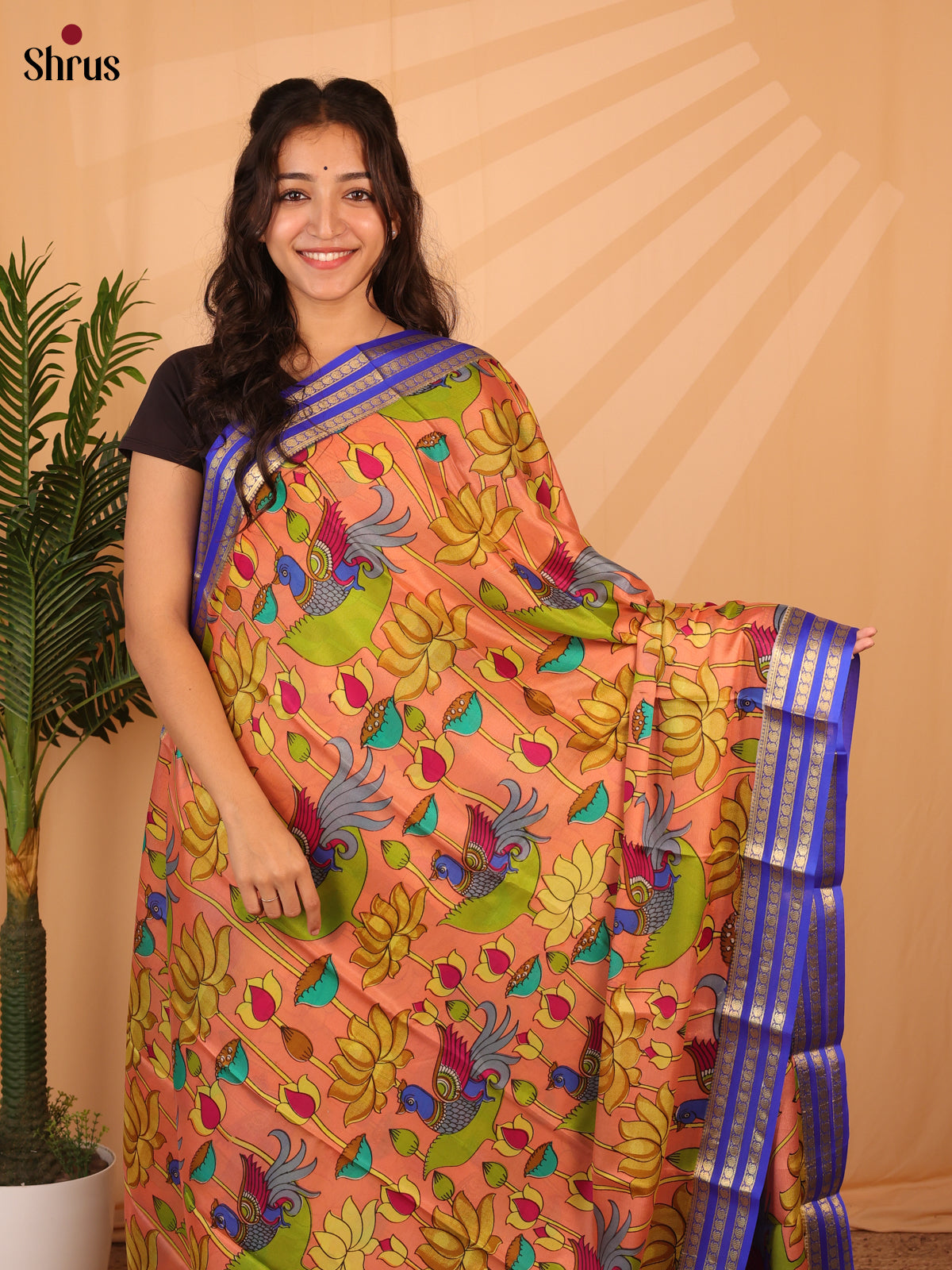 Peach and Blue - Mysore Silk Saree