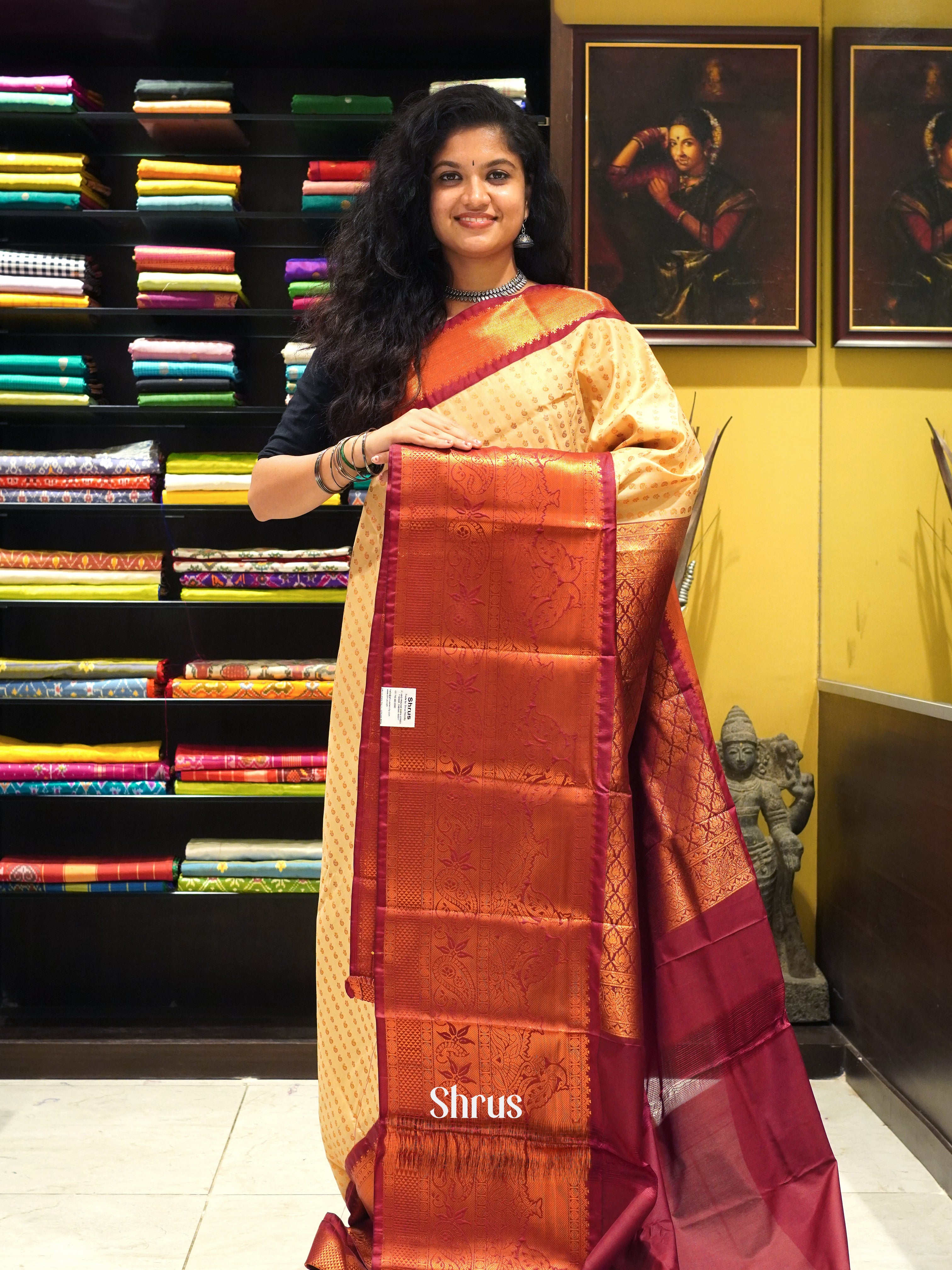 Beige & Maroon - Semi Kanchipuram Saree