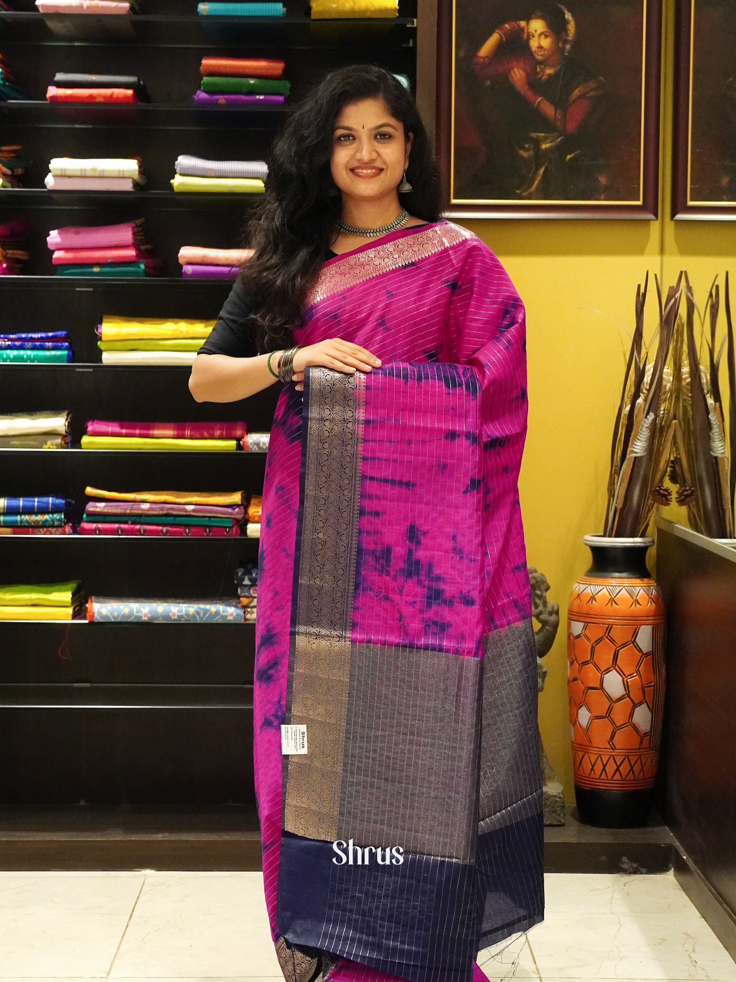 Pink & Blue - Semi dupion Saree