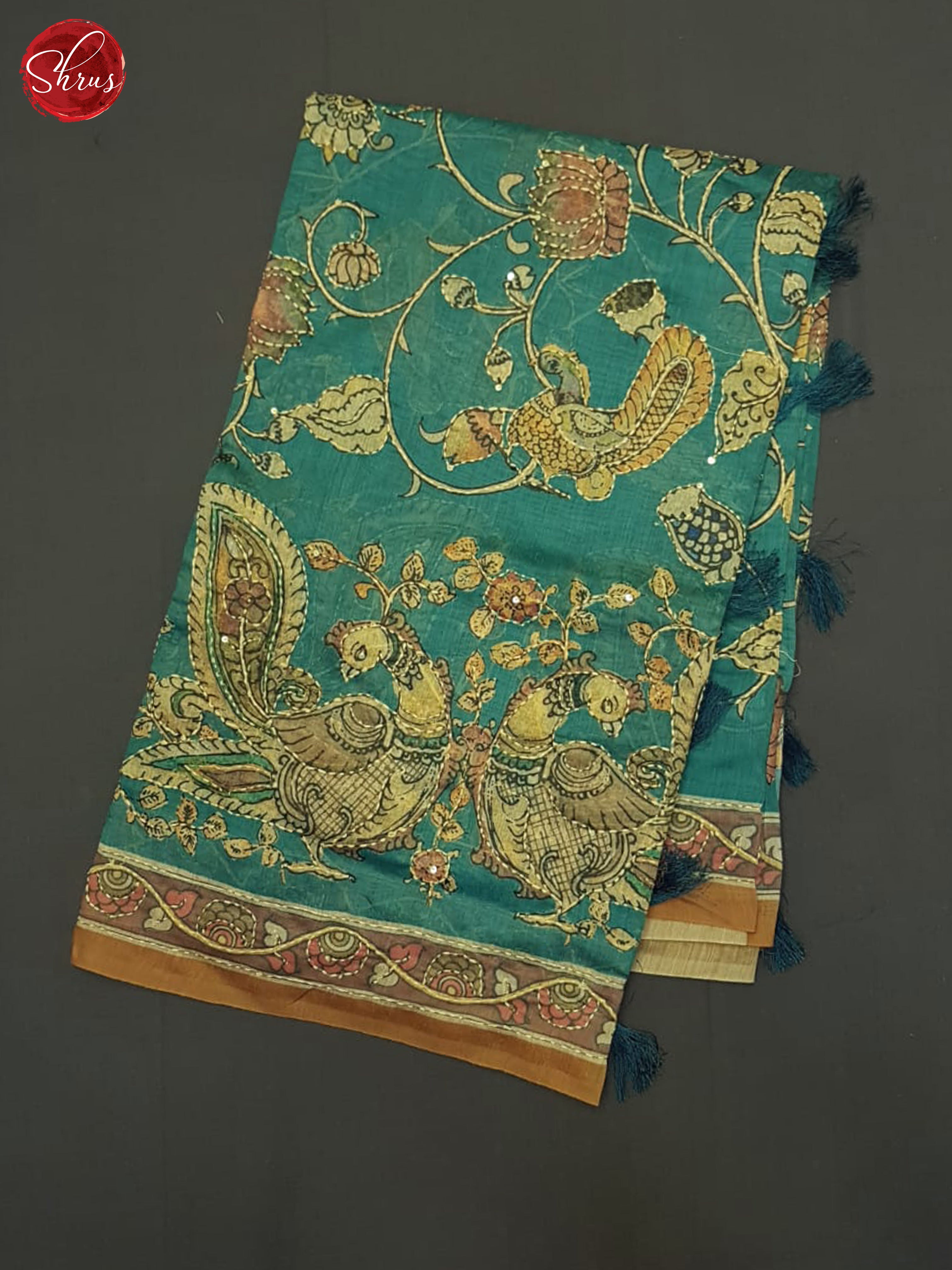 Teal Blue And Mustard- Semi Kantha Saree - Shop on ShrusEternity.com