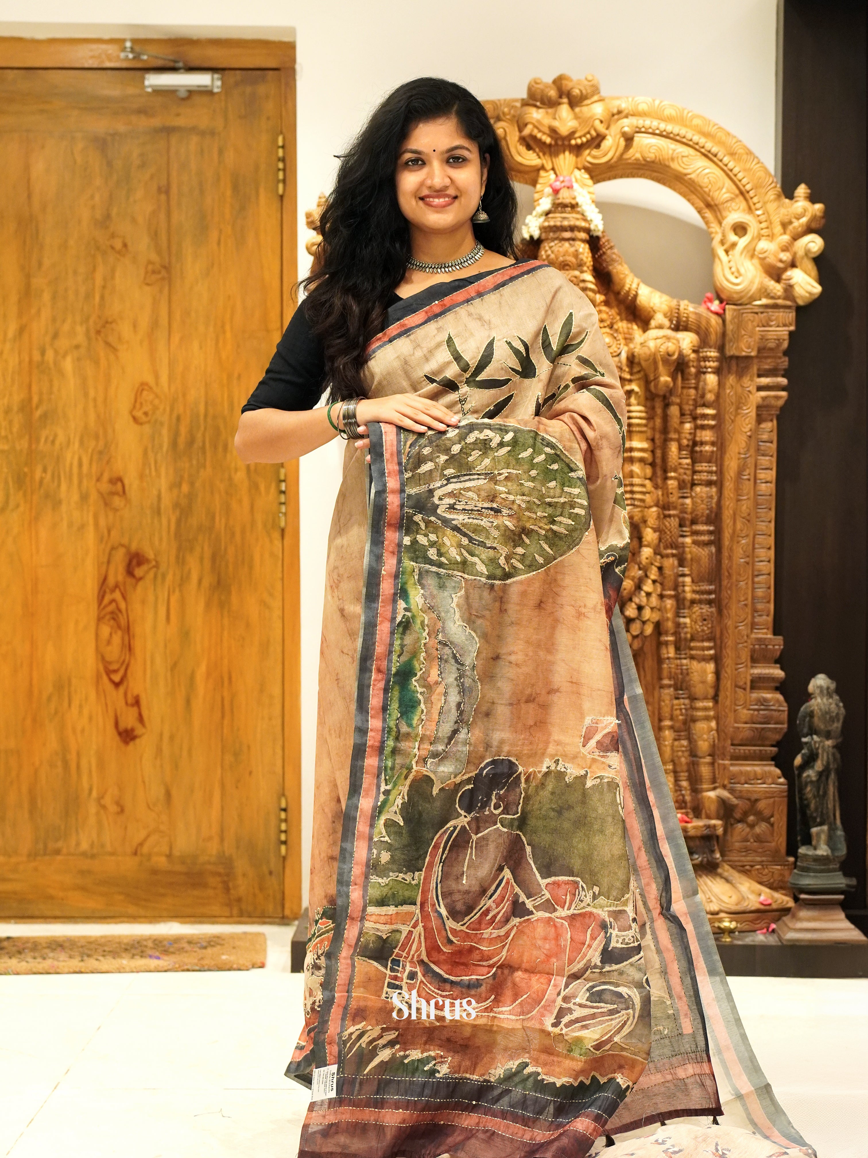 Orange & Black - Semi Kantha Saree