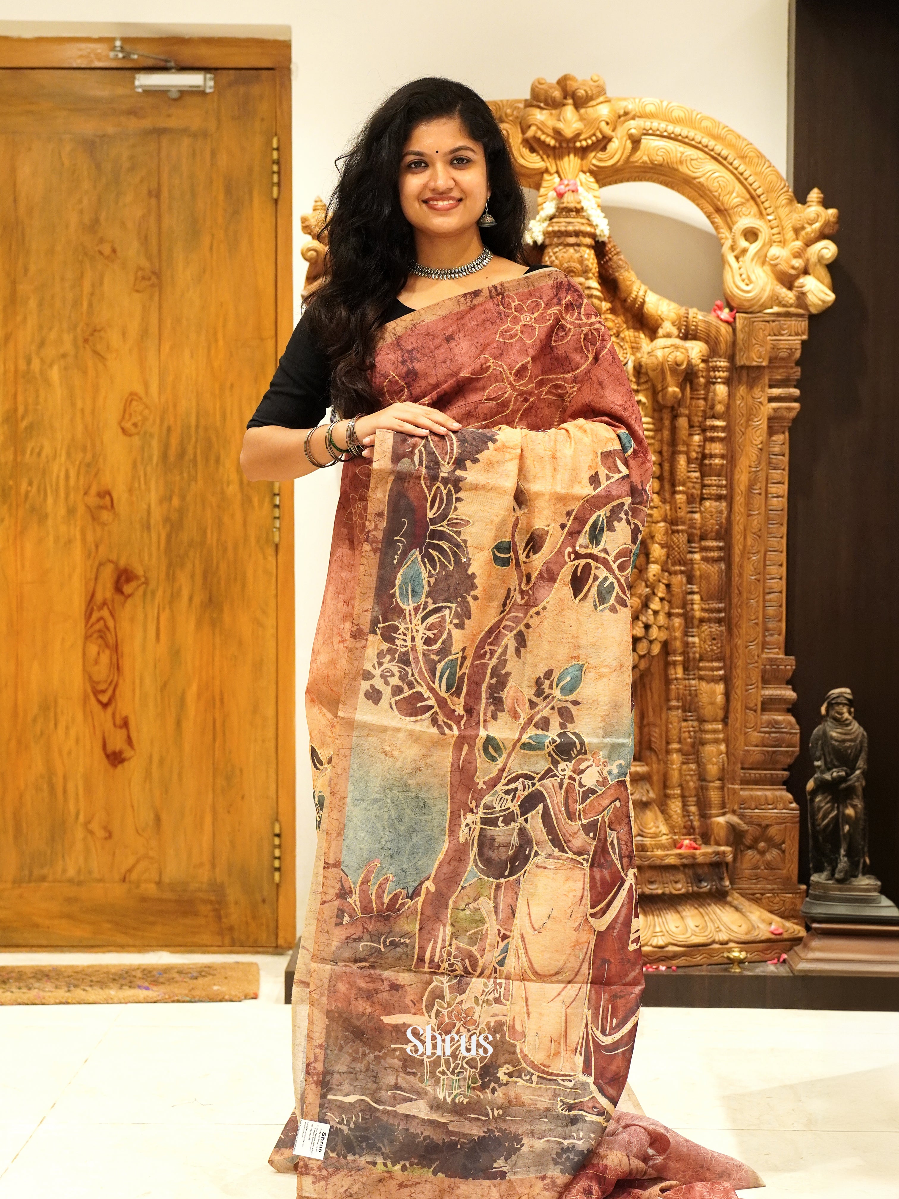 Brown & Peach - Semi Kantha Saree